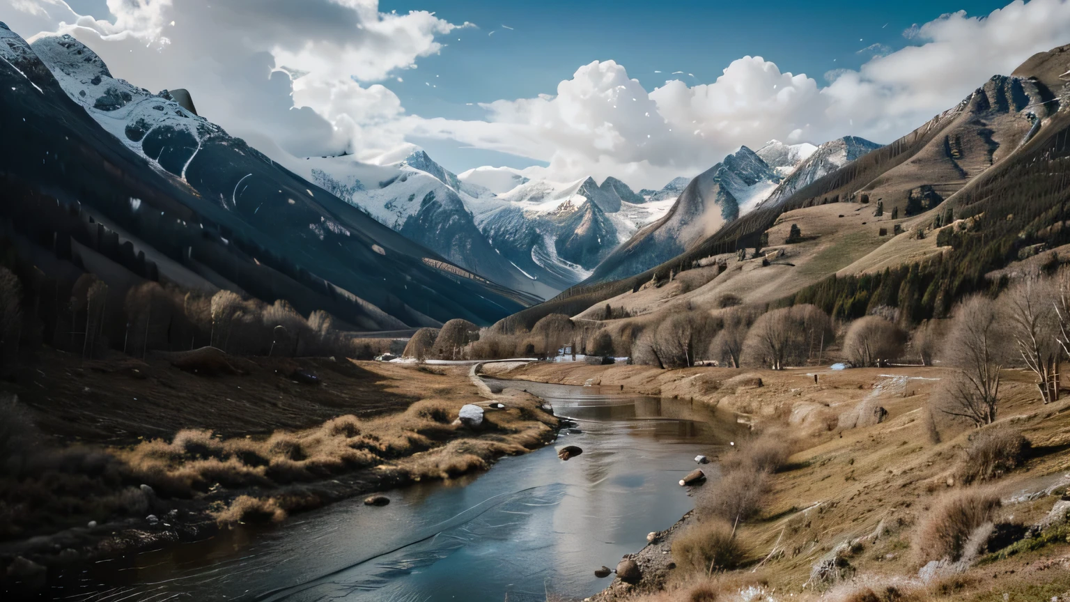 Create an ultra-realistic image of a natural mountain view. The scene should include a clear river flowing through the landscape and a cloudy sky overhead. The image should be so detailed and lifelike that it looks like a photo taken by a human