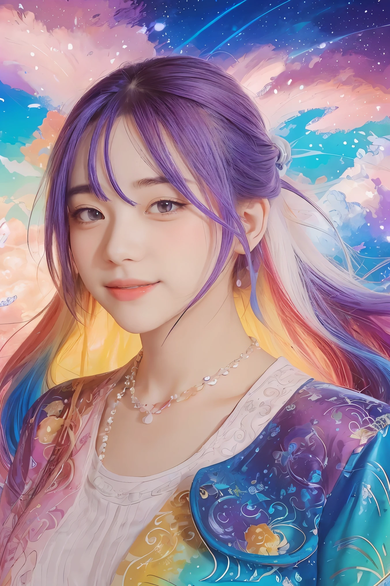 Close-up of a woman with colorful hair and necklace, anime girl with cosmic hair, soft vitality of Rossdraws, artwork in Guvez style, fantasy art style, colorful], vibrant fantasy style, Rossdraws cartoon full of vitality, universe and colorful, Guweiz, colorful digital fantasy art, stunning art style, beautiful anime style, white skin, Hulk clothes