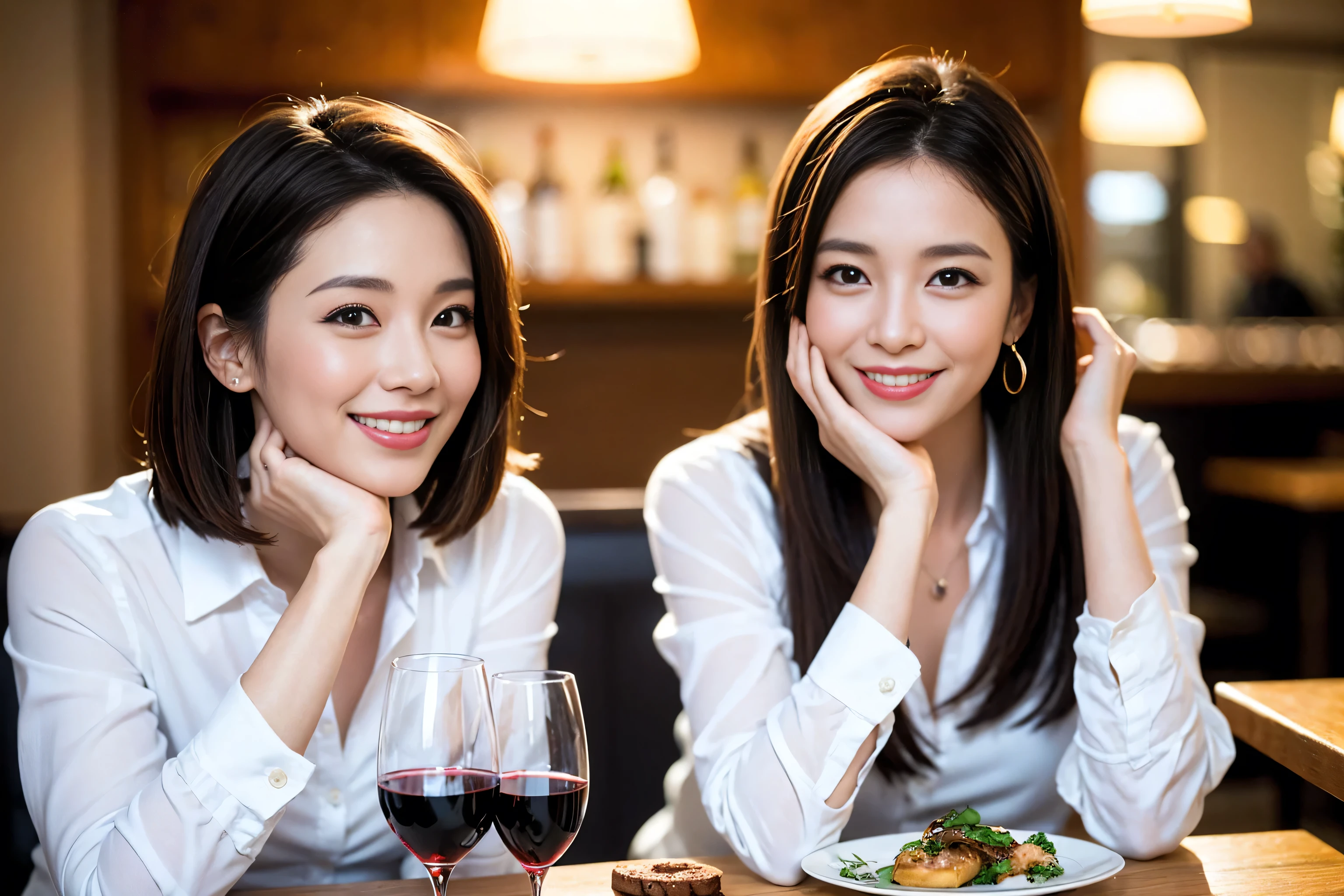 ((highest quality、8k、masterpiece:1.3))、1 male 1 female、Yui Aragaki-like Lovers、beautiful couple、Happy Smile、 (Slim face), (The body is スリム), (Brown Hair), (Shortcuts), ((Bob Hale、Straight hair:1.2)), Wine glass on the table、Please put light on my face、 Amazing view of the sunset sky and clouds、The wonderfulness of smiles、 (42 years old), 39 years old, red wine 、Appetizers、Italian food、Wine bottle、Champagne、sparkling wine、Long sleeve shirt、dress、restaurant, Nova Frog Style, actress, model, Upper Body, White wine, red wine, wine glass,