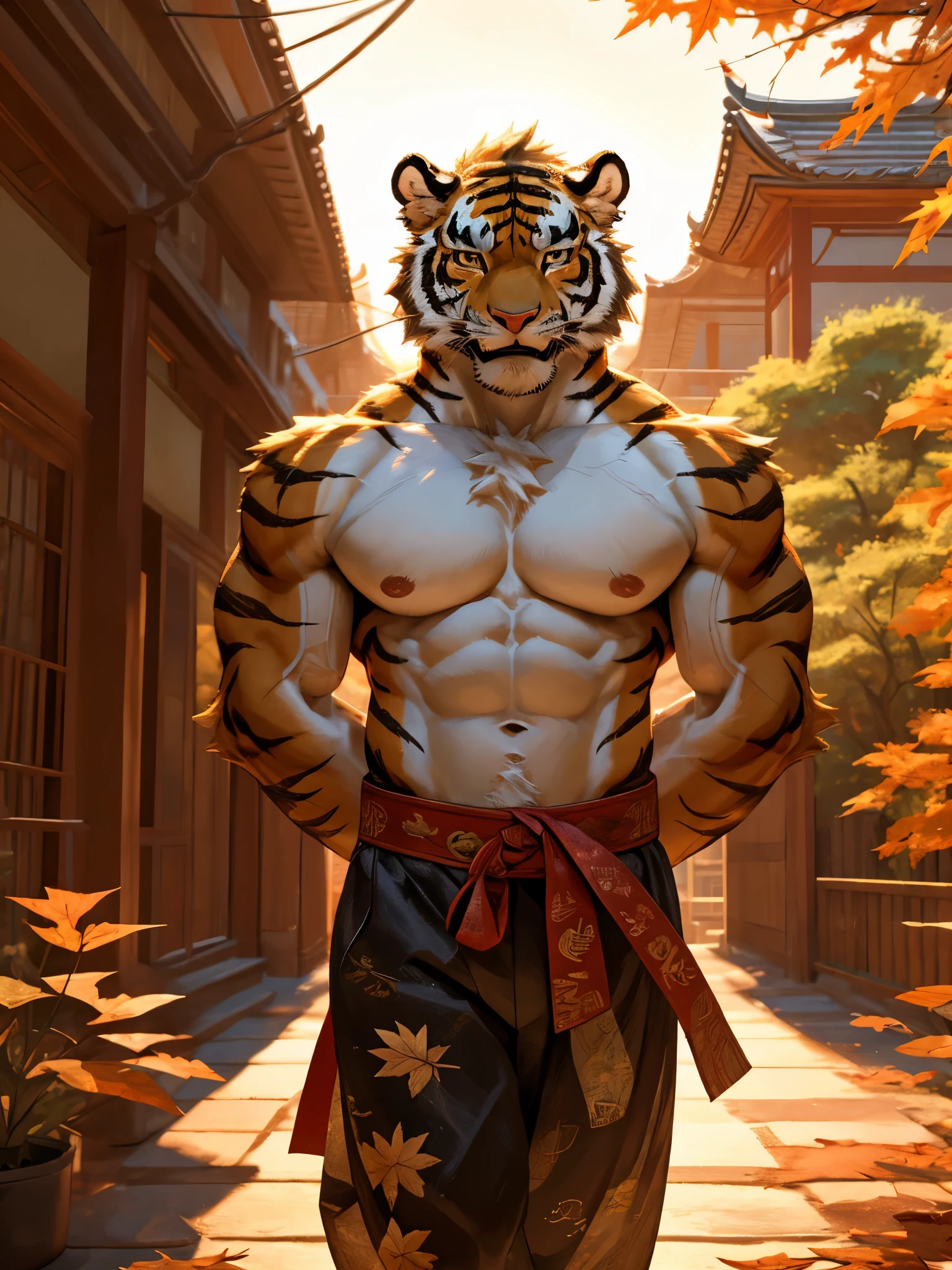 Close up, there's a teenager tiger in white traditional Chinese pants, topless, Sexybody, Muscular, veins, full body, anthropomorphic, extra detailed body, detailed body, Best quality, masterpiece, ultra high res,detailed background,realistic, real shadow and light, depth of field, (looking at viewer), (hands behind back), topless, open mouth, golden eyes, angry face, white Chinese style pants, at garden, evening, maple tree, Windy, maple leaves.