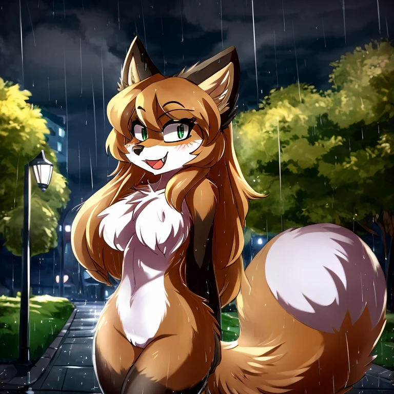 uploaded the e621, beautiful and detailed, woman (((female))) ((anthro)) Fox, (Averi, Fox girl), cinematic lighting, Fox, (anthro, fluffy fur), anthro fox girl, body fur, curvy, sexy, nice, cute, hot, comfortable anime-style cartoon-style, digital drawing, SFW, flat chest, chest fluff, nervous smiling, green eyes, sassy, sassy hips, smug, fangs, rainy, in a park, wet fur, night