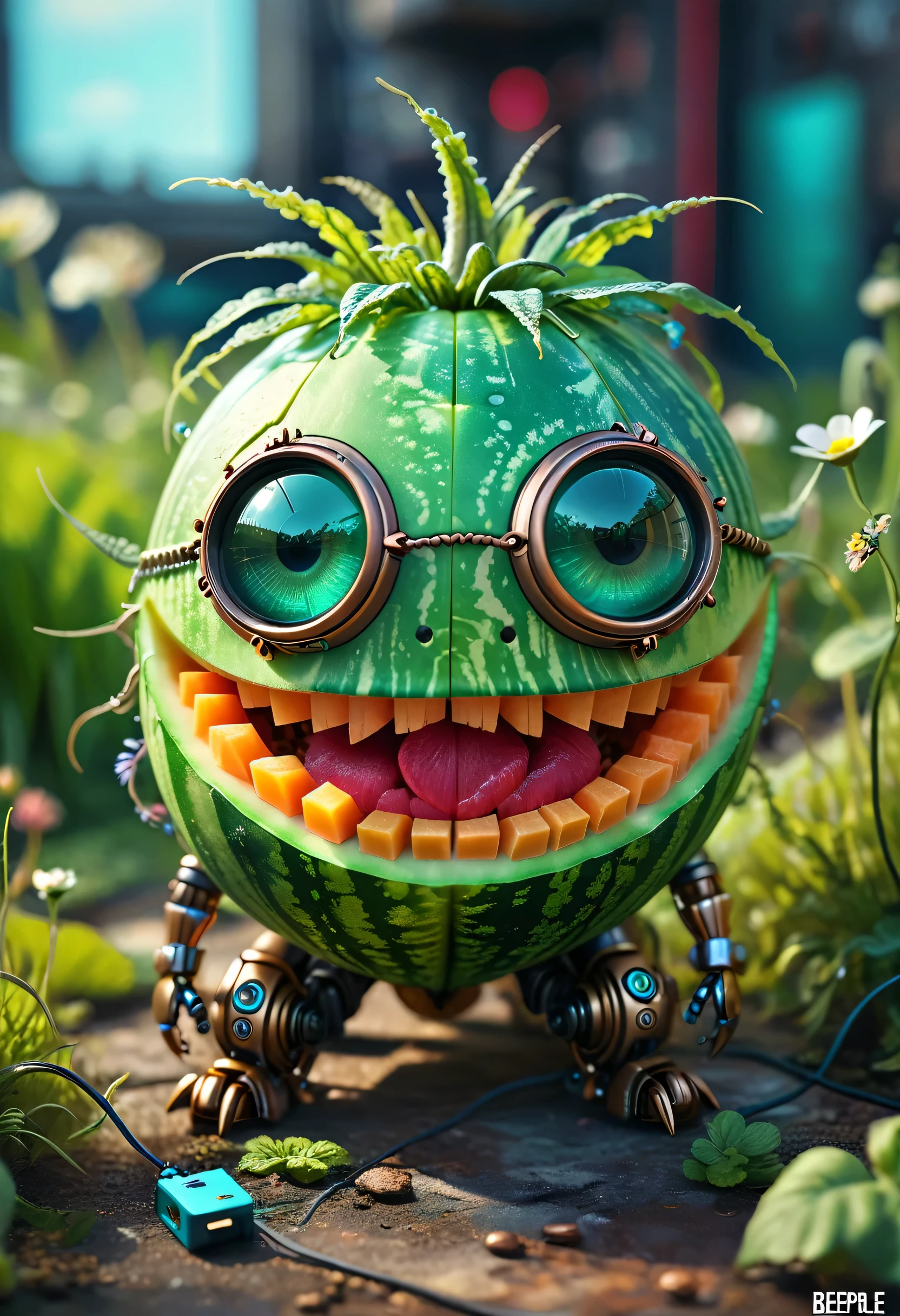 Braided Melon、Cantaloupe. a close-up of a creature shaped like a melon, with electronic circuit boards embedded in the melon, by Beeple, winner of the ArtStation contest, pop surrealism, a scary robot with grass hair, full Funko Pop! body, steampunk eyes, flower child, ezreal (league of legends), the beholder, portrait shot, chibi, realism | beeple, the beholder's eye, chibi style.