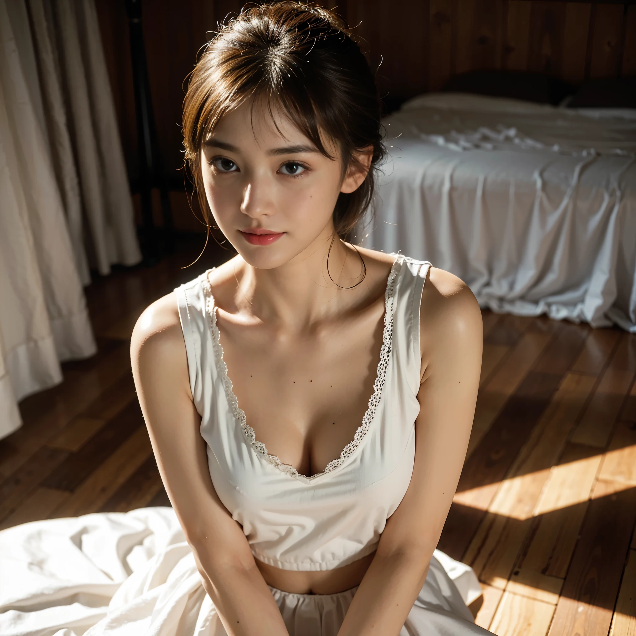innocent 20 year old girl、((White vest, Dramatic pose)),Smile,shortcut,natural Park、RAW photos, (8K、Top quality、masterpiece:1.2)、(Intricate details:1.4)、(Realism:1.4)、Octane number renderings、Complex 3D renderings with ultra-details, Studio soft lighting, Edge Light, Vibrant details, Super Detail, Realistic skin texture, Detail face, beautiful details eyes, Very detailed CG Unity 16k wallpaper, cosmetic, (Detailed background:1.2), shiny skin, whole body、cleavage,((Stand with your hands crossed、Lean forward、perspective from above))