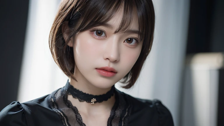 (Bob Cut Hair:1.2),(Put on a choker, Wear a black blouse:1.2),1 girl,Japanese,21 years old,(Small breasts:1.3),(highest quality,masterpiece:1.3,超A high resolution,),(Ultra-detailed,Caustics),(Photorealistic:1.4,RAW shooting,)Ultra-Realistic Capture,Very detailed,High resolution 16K human skin close-up。 Natural skin texture、,Pores、、It needs to be detailed enough to be easily identifiable。 Skin should be even-toned and healthy looking。 Use natural light and colour, Sad expression, Looking at the camera, Perfect dynamic composition, Outdoor