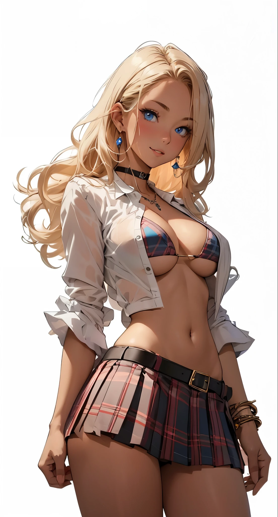 (Animation style), masterpiece, the best quality, extremely detailed, sparkling, glowing lights, 1girl, breasts, solo, skirt, blonde hair, bikini, navel, swimsuit, jewelry, long hair, white background, shirt, blue eyes, simple background, open clothes, plaid skirt, bracelet, looking at viewer, plaid, open shirt, belt, earrings, smile, choker, blue bikini, dark skin, cowboy shot, white shirt, pleated skirt, miniskirt, necklace, collared shirt, parted lips, blush, medium breasts, cleavage, gyaru, stomach, thighs, bikini top only,  bikini under clothes, midriff