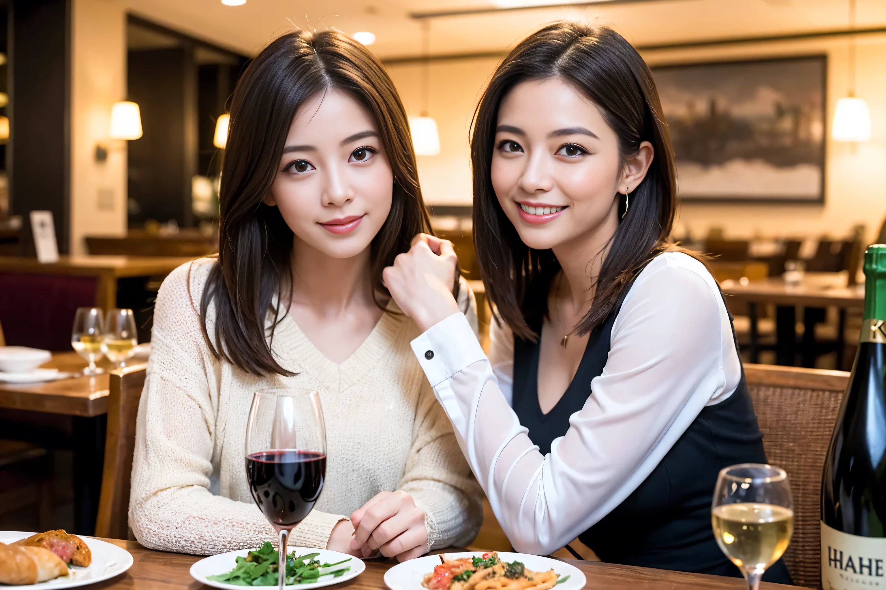 ((highest quality、8k、masterpiece:1.3))、1 male 1 female、Satomi Ishihara-like lovers、beautiful couple、Happy Smile、 (Slim face), (The body is スリム), (Brown Hair), (Shortcuts), ((Bob Hale、Straight hair:1.2)), Wine glass on the table、Please put light on my face、 Amazing view of the sunset sky and clouds、The wonderfulness of smiles、 (42 years old), 39 years old, red wine 、Appetizers、Italian food、Wine bottle、Champagne、sparkling wine、Long sleeve shirt、dress、restaurant, Nova Frog Style, actress, model, Upper Body, White wine, red wine, wine glass, 