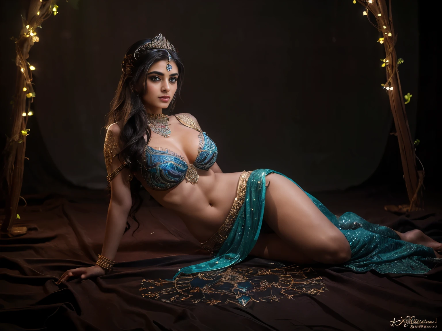 (((Stunningly Beautiful persian Princesss ))), elegant blue black updo hair, sweet smile, Beautiful bride posing under a fairy tale arch of exotic magical flowers, looking back,elaborate scene style, crystal glass lattice, glitter, transparent embroidered lace, realistic style, 8k,exposure blend, medium shot, bokeh, (hdr:1.4), (cinematic), ( dark tones:1.3), (hyperdetailed:1.2),Realism,1 girl,girl wearing indian saree(dressed in transparent saree)(wearing glitter graphics jewelry)big ,Sexy medium Breast,nipple,bright light ,long_hair, Bokeh ,nsfw , indian ,tree branch, colourfull ,undersized bra,princess dress,lehenga choli