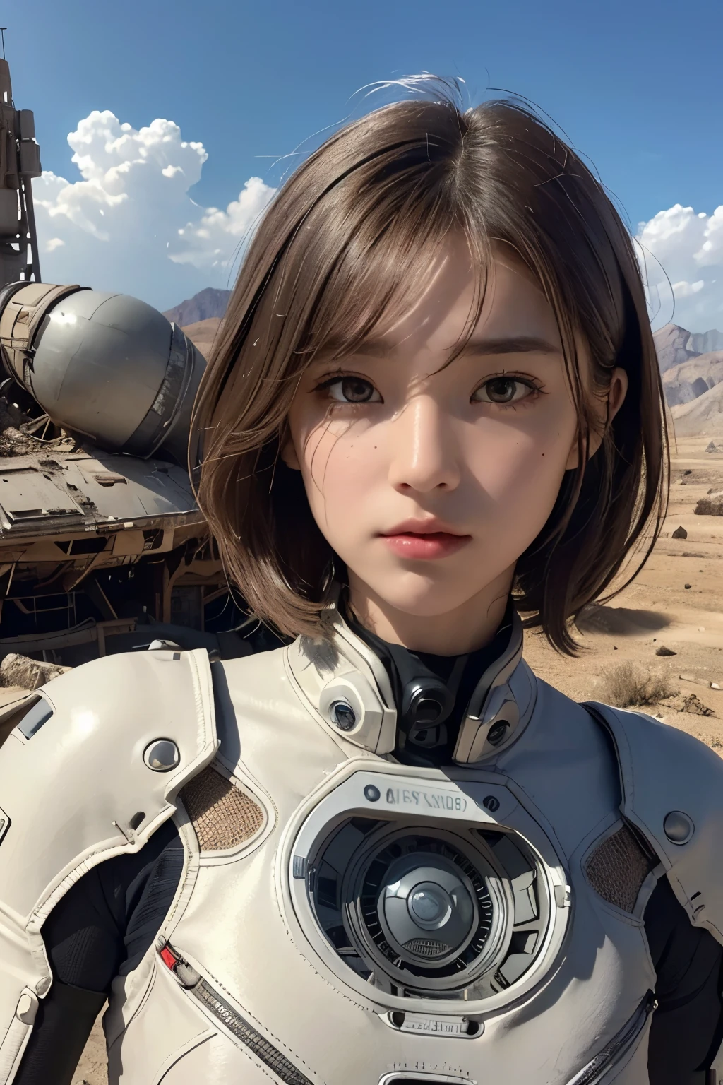 Ultra-high resolution、(Real:1.4)、One beautiful woman、Beautifully detailed eyes and skin、Angry face、Light brown short hair、Small Bust、Intricately designed spacesuit、wasteland、Valley、Remains of megastructures、Cloudy sky、Weak afternoon sunlight、light rain、Spaceship wreckage in the distance、flood、
