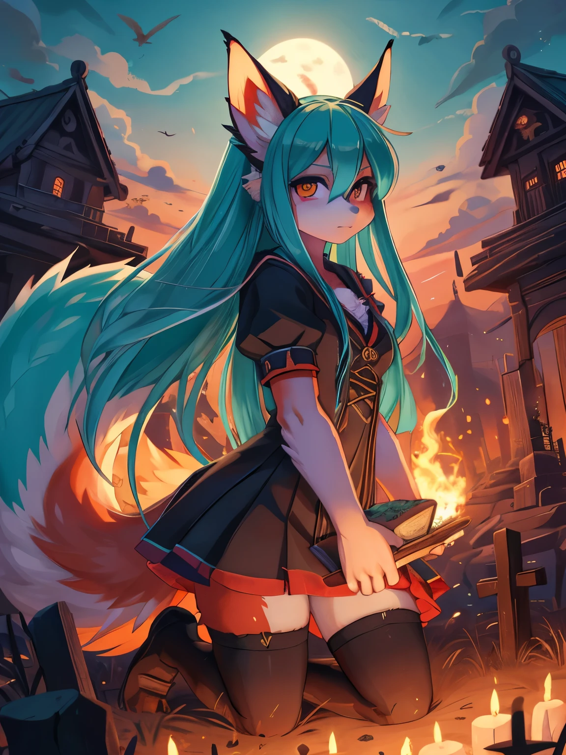 Miku Hatsune, 18 years old women, hell girl, sucubo girl, alta definicion, orejas de kitsune, wichgirl, powered bogy, magic girl, graveyard landscape, manos esqueleticas salen de la tierra y la agarran el pie, zombie atack