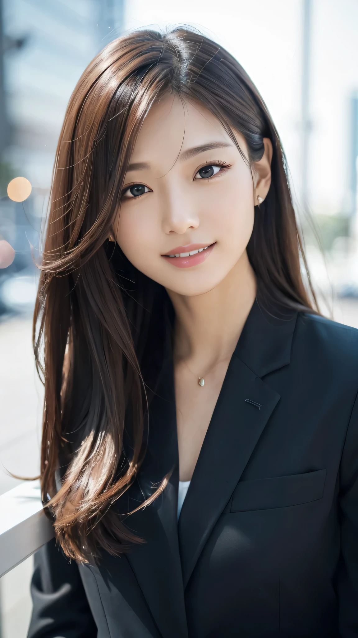 table top、highest quality、genuine、Super detailed、finely、High resolution、8k wallpaper、one beautiful woman、、、light brown disheveled hair、wearing a business suit、sharp focus、perfect dynamic composition、beautiful and detailed eyes、thin hair、Detailed genuine skin texture、smile、model body shape、In Tokyo at morning、Brush your hair up with your fingers.