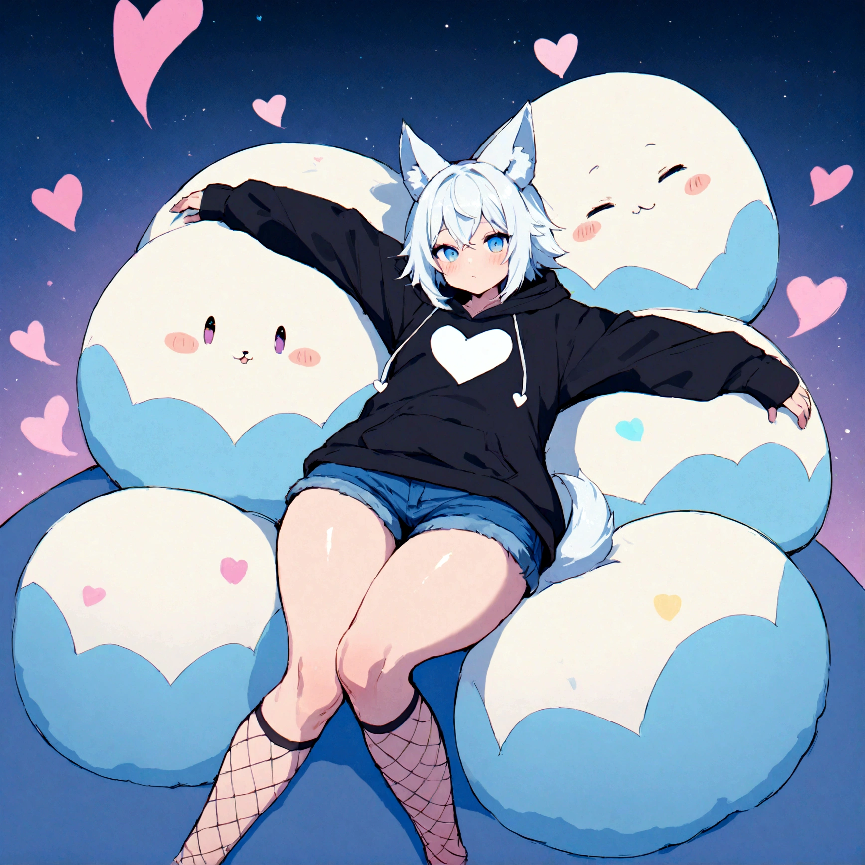 a cute adult male with wolf ears, white hair, has a wolf tail, wearing a loose cropped oversized black hoodie, wearing a pair of denim short shorts and fishnet stockings, thick thighs, wide hips, relaxing on mound of fluffy multi colored kawaii plushies, short, very slim, showing slender tummy, stretching out, heart on hoodie, squishy thighs, has glowing blue eyes. alone, solo (ALONE)(SOLO)