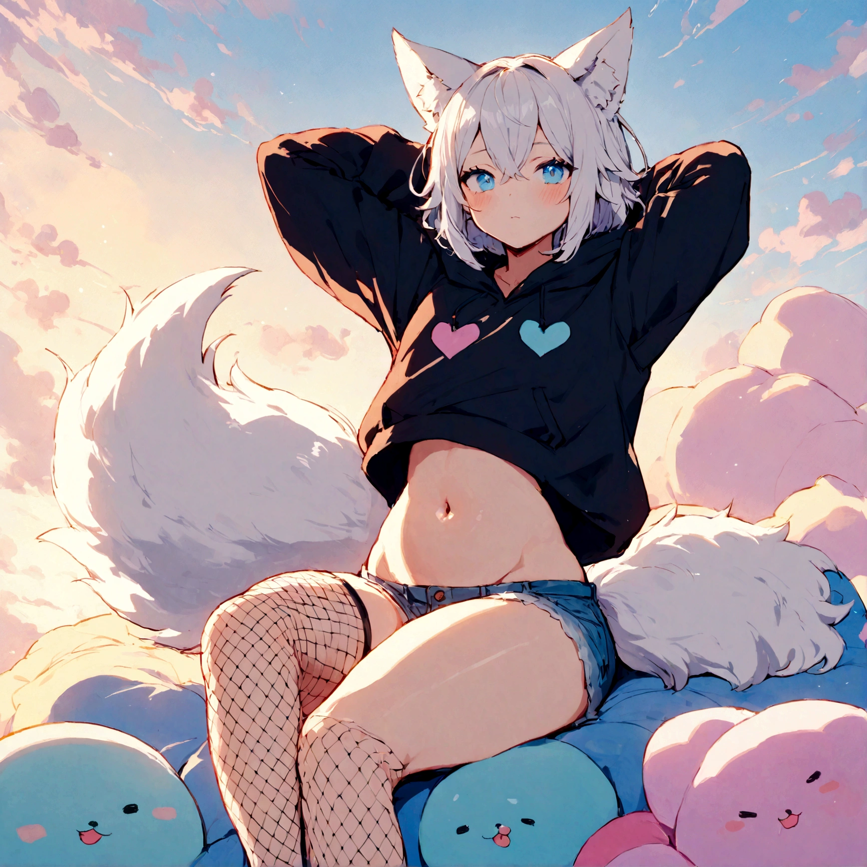 a cute adult male with wolf ears, white hair, has a wolf tail, wearing a loose cropped oversized black hoodie, wearing a pair of denim short shorts and fishnet stockings, thick thighs, wide hips, relaxing on mound of fluffy multi colored kawaii plushies, short, very slim, showing slender tummy, stretching out, heart on hoodie, squishy thighs, has glowing blue eyes. alone, solo (ALONE)(SOLO)