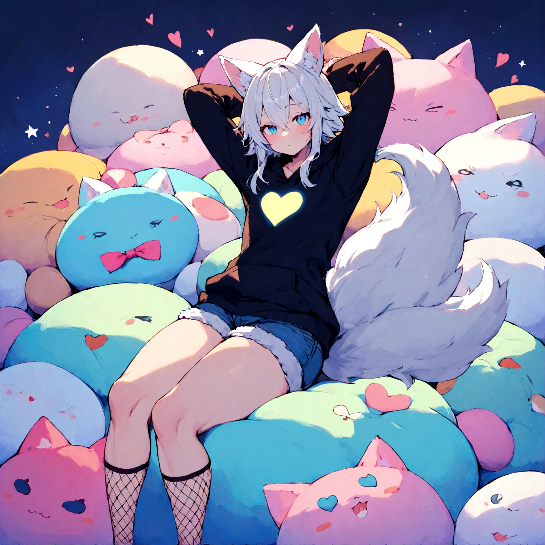 a cute adult male with wolf ears, white hair, has a wolf tail, wearing a loose cropped oversized black hoodie, wearing a pair of denim short shorts and fishnet stockings, thick thighs, wide hips, relaxing on mound of fluffy multi colored kawaii plushies, short, very slim, showing slender tummy, stretching out, heart on hoodie, squishy thighs, has glowing blue eyes. alone, solo (ALONE)(SOLO)