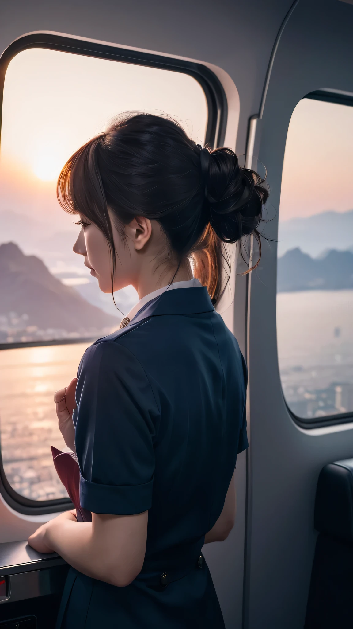 Super detailed, High resolution, Super detaileded, highest quality, wonderful, highest quality,Integrated 8K wallpaper, cinematic lighting, stewardess、20-year-old、Japanese、Brush your hair up with your fingers.