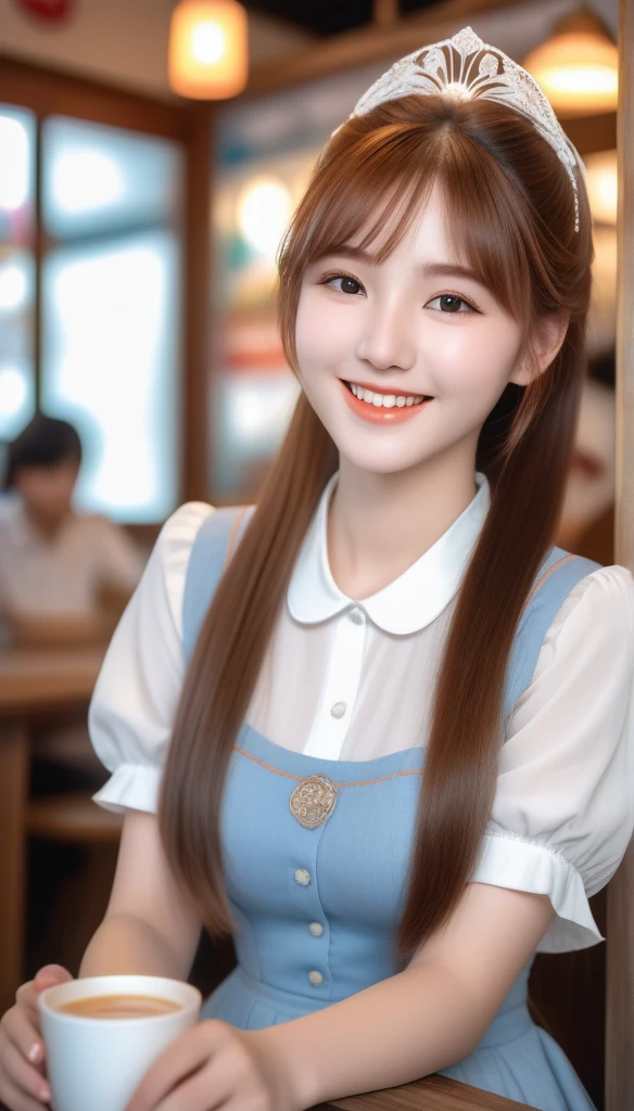 A, like girl cute of a smiling 22-year-old girl sitting inside a milk tea shop the  with a round face and an innocent smile with a white fashion style antique costume looking on the shirt with outstanding cartoons with long light red-brown hair 3D images of the highest quality 8k HDR resolution sharp uhd aperture in every detail