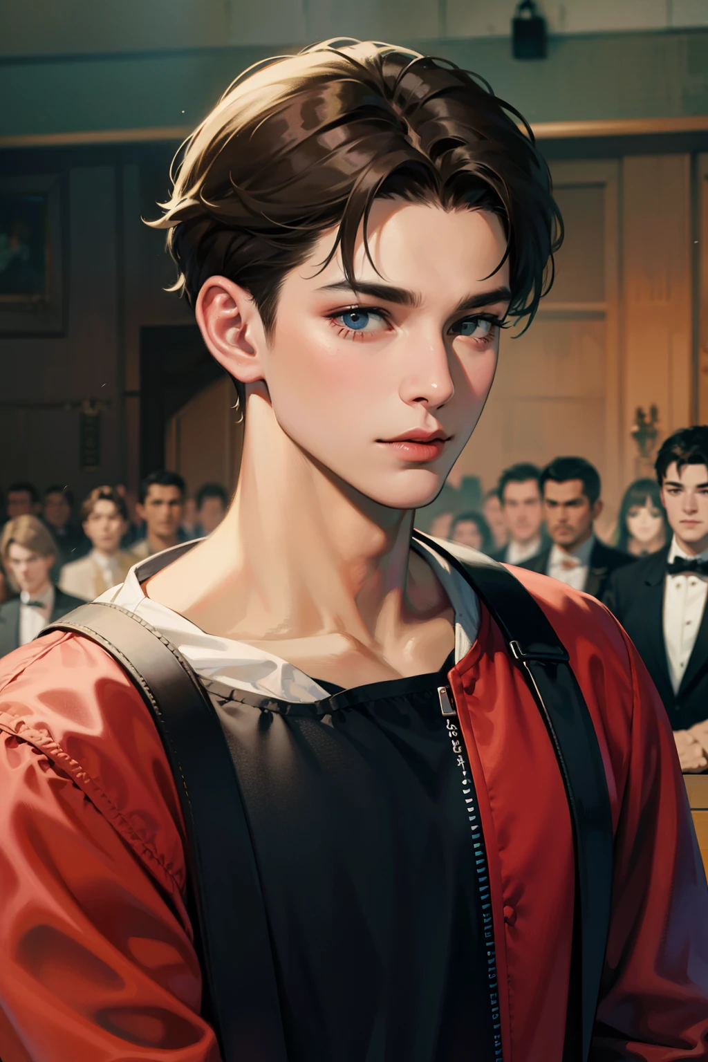 ((best quality)), ((masterpiece)), (detailed), perfect face A boy stood in the middle of the court，There&#39;s nothing beside it，Back to the audience，There was a middle-aged couple with another boy next to him scolding him.，Perfect face
