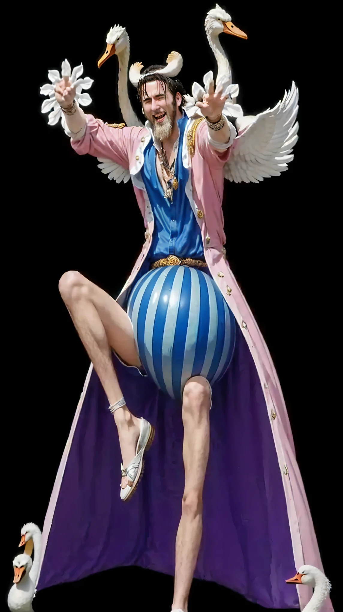 Live-action,laughing out loud,Close up of a statue with a swan on its head, from piece, airship gyroscope, Nicolas Cage as Monkey D. Luffy, Keep the wolf, german anger, Inspired by Eiichiro Oda, Official Art, making art, Official Character Art, Sanji, piece, Full body pictures,