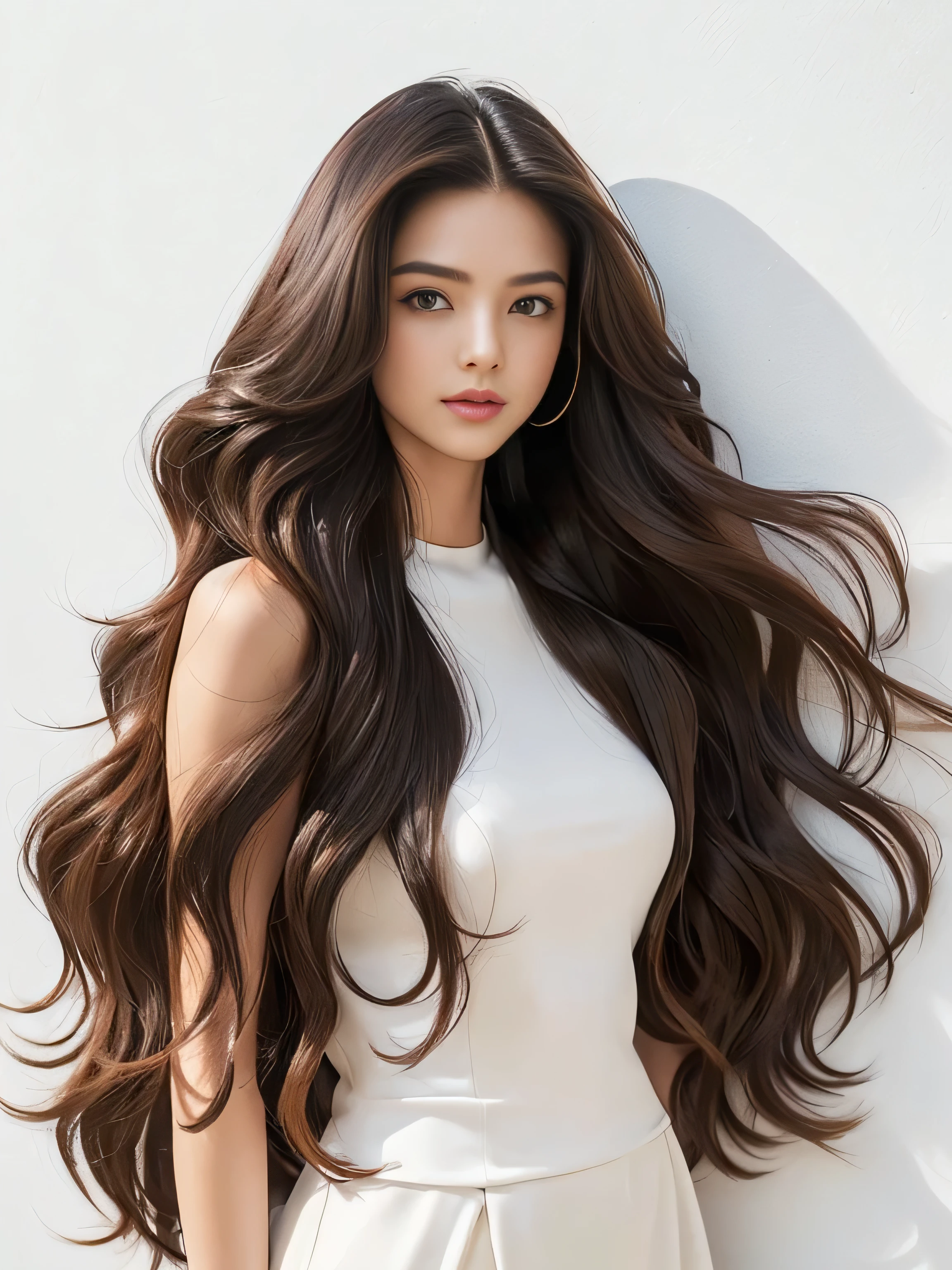 (Upper Body Shot:1.1) (She does random sway back stance in front of a white wall:1.4) ((highest quality)), ((masterpiece)), (Familiar), (Get used to it) (Her hair is incredibly wavy:1.5) (Very long hair down to the ankles!!!!! highest quality Highest detail Very long hair down to the ankles!!!!! Forever growing hair Flowing hair Amazingly straight hair Very shiny and thick hair Abnormally long hair that lasts forever!!!!! Flowing Hair on both ends!!!!!!!!! Very long hair down to the ankles!!!!! Very long hair down to the ankles!!!!! Thick and shiny hair Very free hair Abnormally long hair!!!!! Beautiful silky hair Beautiful and shiny hair Beautiful and shiny hair Beautiful silky hair Very long hair down to the ankles!!!!! Very Abnormally Long Hair!!!!! Very Abnormally Long Hair!!!!!) (highest quality The best ultra-fine Very long hair down to the ankles!!!!! highest quality Highest detail Very long hair down to the ankles!!!!! Forever growing hair Flowing hair Amazingly straight hair Very shiny and thick hair Abnormally long hair that lasts forever!!!!! Flowing Hair on both ends!!!!!!!!! Very long hair down to the ankles!!!!! Very long hair down to the ankles!!!!! Thick and shiny hair Very free hair Abnormally long hair!!!!! Beautiful silky hair Beautiful and shiny hair Beautiful and shiny hair Beautiful silky hair Very long hair down to the ankles!!!!! Very Abnormally Long Hair!!!!! Very Abnormally Long Hair!!!!!) (Her hair color is dark brown) Perfect Woman'face (She has a typical Japanese build and skin color..., Her skin is very high quality and ultra high definition.、very beautiful and glowing skin) (Her face is dignified and sexy)(She achieved her sexy look with the help of a professional makeup artist.。... Lipstick is natural red The eyeliner is a beautiful black) (She's wearing shiny white lingerie) ((Her bangs are completely cut off.)) (She has a typical Japanese build and skin color Her skin is very delicate and sensitive..、and、Such beautiful and