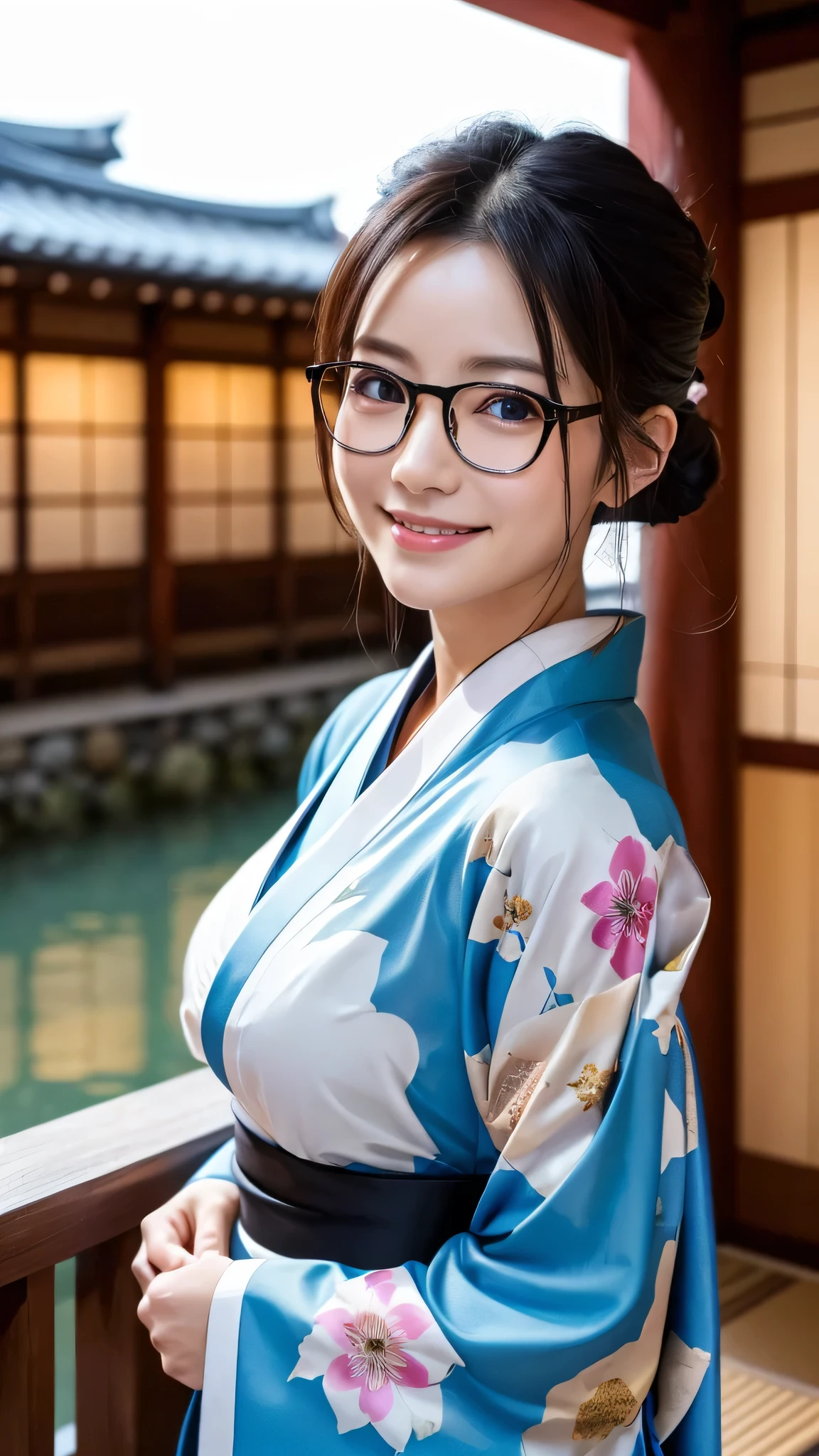 (Super beautiful woman in kimono)、((highest quality、8K masterpiece:1.3))、sharp focus:1.2、(super beautiful face:1.0)、(shiny skin:1.0)、realistic pictures、black hair、video lighting、High resolution eyes and face、video lighting、japanese actress、from the front、big breasts、with a happy smile、Slender abs beauty、whole body、wearing a kimono、in Kyoto、(((luxury obi)))、In Kyoto at night、wearing glasses with no edge、Brush your hair up with your fingers.