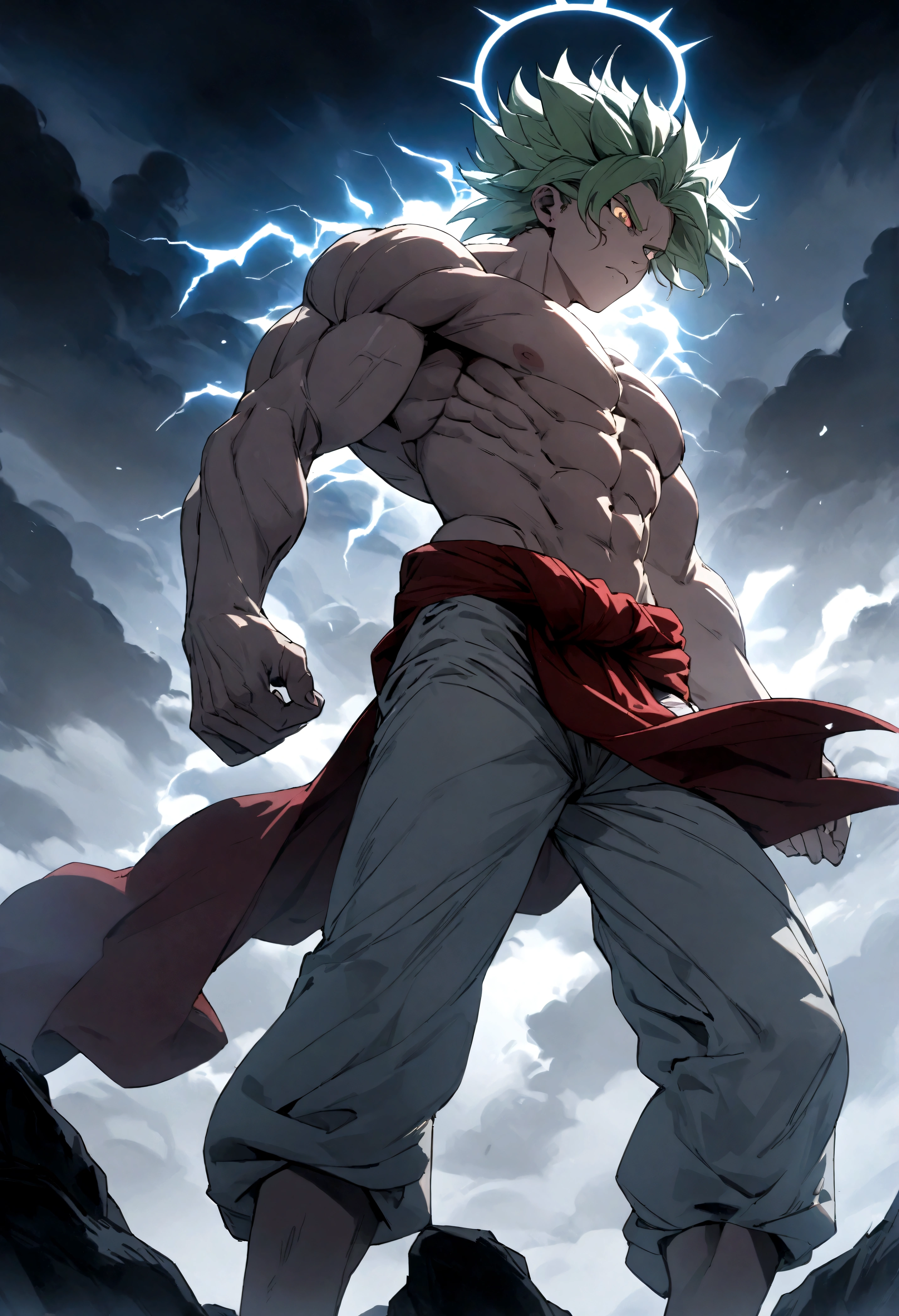 "(Best Quality,4K,8k,High resolution,masterpiece:1.2),Ultra-detailed,, Manga art wearing a headband、whole body、Forehead protector、Intense thunder、Stormy Night、male, Ivory skin, Thor、whole body、Wear a red loincloth around your waist、Green Hair、White trousers、Super Saiyan、Messy hair, green, spiky hair, sharp eyes, Grey Iris, Wear a black coat,  Naked torso, Muscular body, Sports Body, Sharp jaw line, Glare, Cold and mysterious personality, whole body, Sports Body, 8k, detailed feature, Very handsome, Dreamy look, Bright lighting, Lightning Background, Intense thunder、Stormy Night、whole body、Gives off an intense aura、Halo on your back