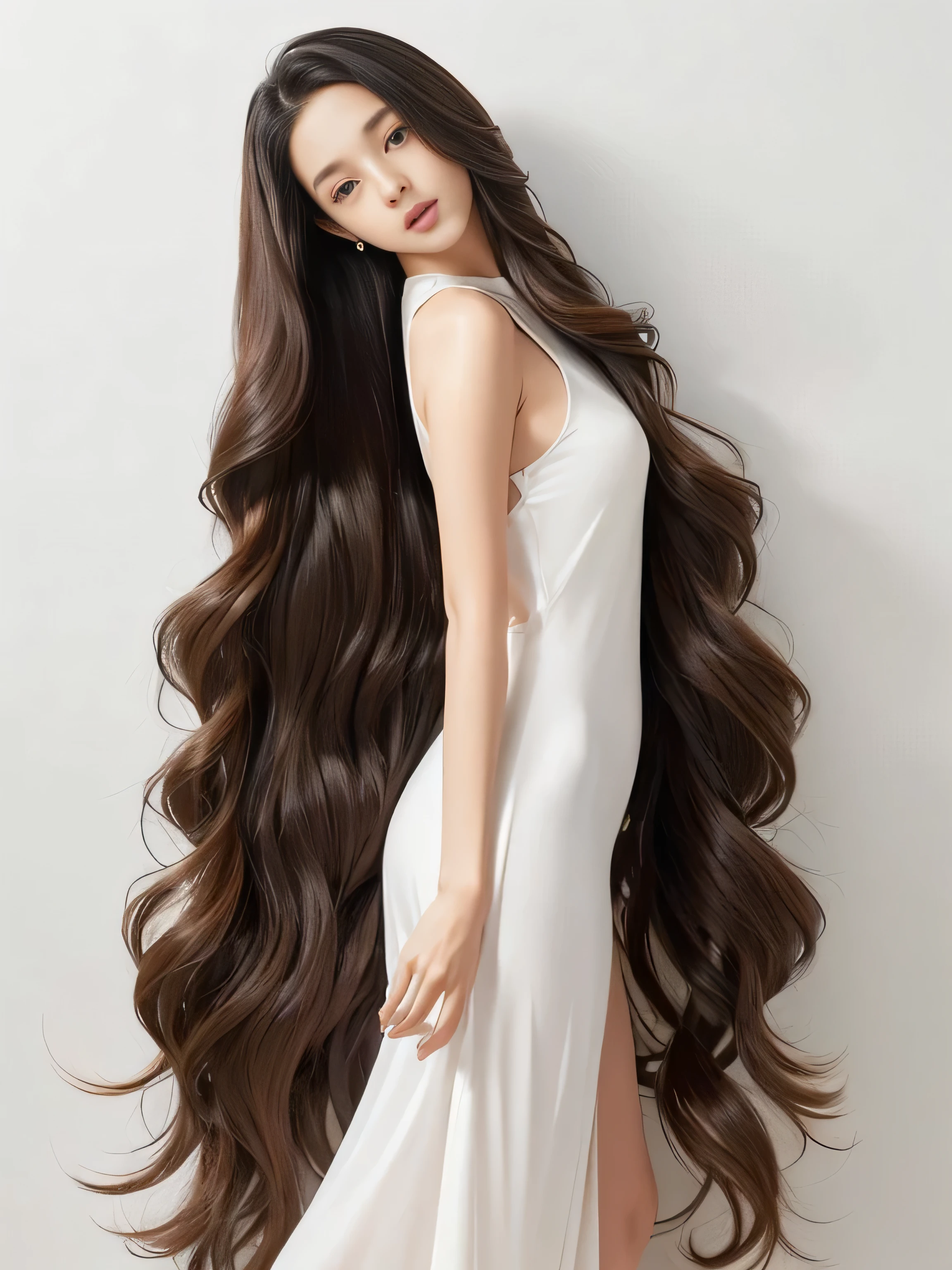 　(Upper Body Shot:1.1)　(She does random sway back stance in front of a white wall:1.4)　((highest quality)), ((masterpiece)), (Familiar), (Get used to it)　(Her hair is incredibly wavy:1.5)　(Very long hair down to the ankles!!!!!　highest quality　Highest detail　Very long hair down to the ankles!!!!! Forever growing hair　Flowing hair　Amazingly straight hair　Very shiny and thick hair　Abnormally long hair that lasts forever!!!!!　Flowing Hair on both ends!!!!!!!!!　Very long hair down to the ankles!!!!!　Very long hair down to the ankles!!!!!　Thick and shiny hair　Very free hair　Abnormally long hair!!!!!　Beautiful silky hair　Beautiful and shiny hair　Beautiful and shiny hair　Beautiful silky hair　Very long hair down to the ankles!!!!!　Very Abnormally Long Hair!!!!!　Very Abnormally Long Hair!!!!!)　(highest quality　The best ultra-fine　Very long hair down to the ankles!!!!!　highest quality　Highest detail　Very long hair down to the ankles!!!!! Forever growing hair　Flowing hair　Amazingly straight hair　Very shiny and thick hair　Abnormally long hair that lasts forever!!!!!　Flowing Hair on both ends!!!!!!!!!　Very long hair down to the ankles!!!!!　Very long hair down to the ankles!!!!!　Thick and shiny hair　Very free hair　Abnormally long hair!!!!!　Beautiful silky hair　Beautiful and shiny hair　Beautiful and shiny hair　Beautiful silky hair　Very long hair down to the ankles!!!!!　Very Abnormally Long Hair!!!!!　Very Abnormally Long Hair!!!!!)　(Her hair color is dark brown)　Perfect Woman&#39;face　(She has a typical Japanese build and skin color..., Her skin is very high quality and ultra high definition.、very beautiful and glowing skin)　(Her face is dignified and sexy)（She achieved her sexy look with the help of a professional makeup artist.。...　Lipstick is natural red　The eyeliner is a beautiful black)　(She&#39;s wearing shiny white lingerie)　((Her bangs are completely cut off.))　(She has a typical Japanese build and skin color　Her skin is very delicate and sensitive..、and、Such beautiful and 