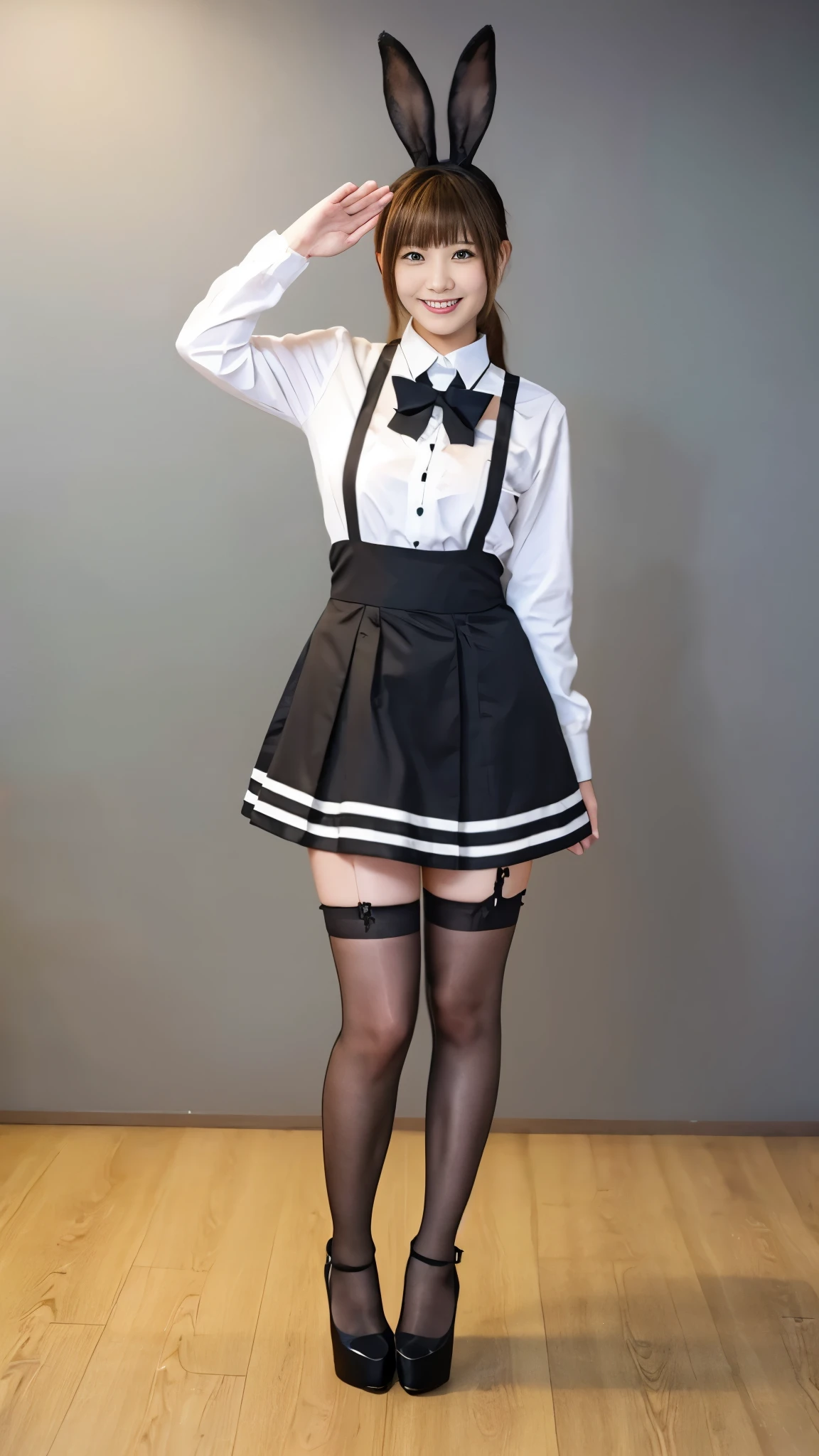 Bunny girl working at maid cafe:1.5，The best smile:1.5，Full Body Shot:1.5，Gray background:1.5，Wearing black high heels:1.5，Stand up straight and salute:1.5