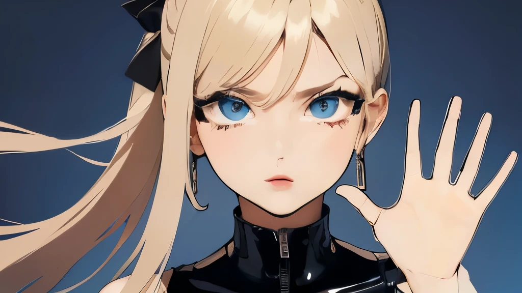 Sleeveless、'No sleeve'恥ずかしい、Embarrassed、Only the face、Face Up、1 person、No sleeve、Ahegao、ponytail、blonde、amount、Blue Leather Shirt、Sara、No sleeve、best quality, super fine illustration,(((beautiful fine hair))),(((beautiful fine face))),(((beautiful fine background))),blue-black leather pants, silver zipper,belt below the waist,super fine illustration,(((beautiful fine hair))),(((beautiful fine face))),(((beautiful fine background))),normal small size,bangs bangs ,(((beautiful fine hair))),(((beautiful fine face))),(((beautiful fine background))),blond hair , showing forehead, silver center zipper, leather blue black bodysuit, sleevelesblue blacks, shiny, blonde ponytail