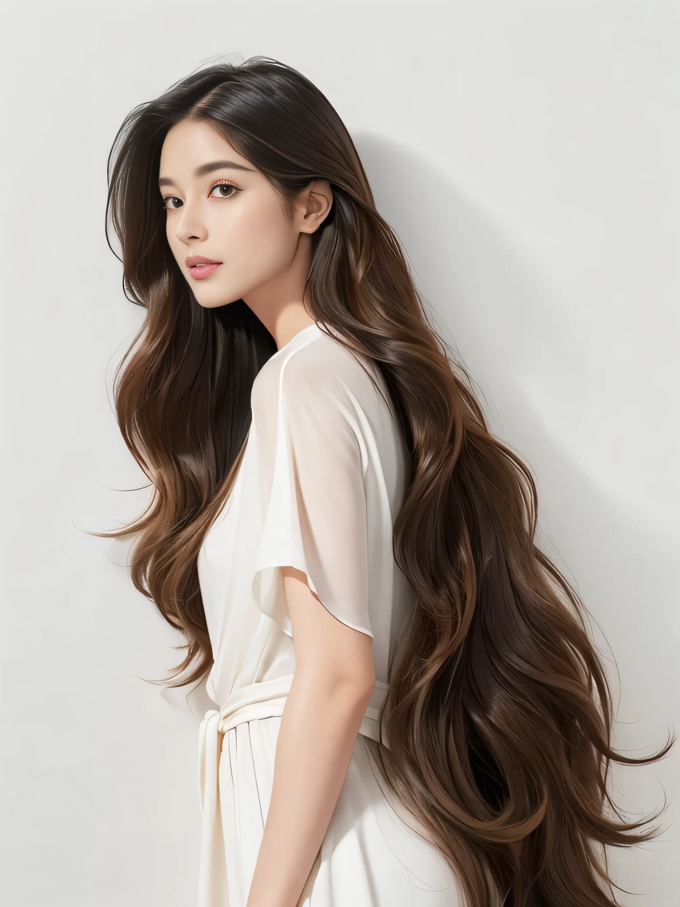 　(Upper Body Shot:1.1)　(She does random sway back stance in front of a white wall:1.4)　((highest quality)), ((masterpiece)), (Familiar), (Get used to it)　(Her hair is incredibly wavy:1.5)　(Very long hair down to the ankles!!!!!　highest quality　Highest detail　Very long hair down to the ankles!!!!! Forever growing hair　Flowing hair　Amazingly straight hair　Very shiny and thick hair　Abnormally long hair that lasts forever!!!!!　Flowing Hair on both ends!!!!!!!!!　Very long hair down to the ankles!!!!!　Very long hair down to the ankles!!!!!　Thick and shiny hair　Very free hair　Abnormally long hair!!!!!　Beautiful silky hair　Beautiful and shiny hair　Beautiful and shiny hair　Beautiful silky hair　Very long hair down to the ankles!!!!!　Very Abnormally Long Hair!!!!!　Very Abnormally Long Hair!!!!!)　(highest quality　The best ultra-fine　Very long hair down to the ankles!!!!!　highest quality　Highest detail　Very long hair down to the ankles!!!!! Forever growing hair　Flowing hair　Amazingly straight hair　Very shiny and thick hair　Abnormally long hair that lasts forever!!!!!　Flowing Hair on both ends!!!!!!!!!　Very long hair down to the ankles!!!!!　Very long hair down to the ankles!!!!!　Thick and shiny hair　Very free hair　Abnormally long hair!!!!!　Beautiful silky hair　Beautiful and shiny hair　Beautiful and shiny hair　Beautiful silky hair　Very long hair down to the ankles!!!!!　Very Abnormally Long Hair!!!!!　Very Abnormally Long Hair!!!!!)　(Her hair color is dark brown)　Perfect Woman&#39;face　(She has a typical Japanese build and skin color..., Her skin is very high quality and ultra high definition.、very beautiful and glowing skin)　(Her face is dignified and sexy)（She achieved her sexy look with the help of a professional makeup artist.。...　Lipstick is natural red　The eyeliner is a beautiful black)　(She&#39;s wearing shiny white lingerie)　((Her bangs are completely cut off.))　(She has a typical Japanese build and skin color　Her skin is very delicate and sensitive..、and、Such beautiful and 