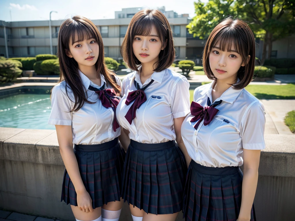 (RAW photo, 4k, masterpiece, high resolution, extremely complex) (realistic: 1.4), cinematic lighting
((2 girls, 2 schoolgirls)),Slam Dunk's,blushing,((innocent)),bright eyes,round eyes,blunt bangs,(short bob hair:1.3),black hair,large breasts,wide hips,Summer Noon, ,Hot, (Best Quality), (Highres), (an Extremely Delicate and Beautiful),(Beautiful 8k face),(Brown eyes),( spectators),(gigantic breasts),(Play with each other,Touching each other's bodies,Touching the body),(Japanese high school uniform:1.3),blue skirt,(reality),bright lighting,(The background is a luxury hotel room)