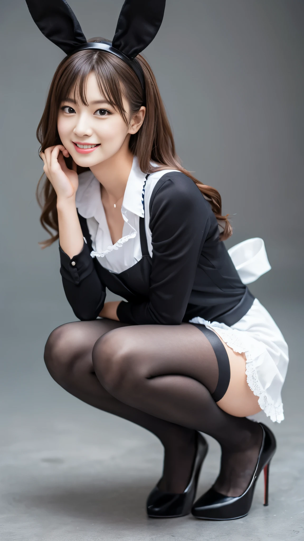 Bunny girl in maid costume:1.5,wear black tights:1.5,The best smile:1.5,Full Body Shot:1.5,Gray background:1.5,Wearing black high heels:1.5,Crouching:1.5