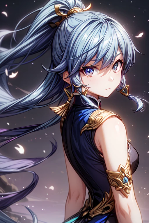 (main part), (Best quality), (ultra detailed),(wild hair),(illustration), (1 Girl), (fashion clothes), standing, model, looking at the viewer, (interview), (simple background),beautiful detailed eyes, gentle and beautiful face, floating,(high saturation),(colorful splashes),colorful bubble,(brilliant), focus on the face, ponytail, Kamisato Ayaka, light blue hair, Band, hair ring, floating flowers, floating hair, (brilliant), better lighting, Best shade,