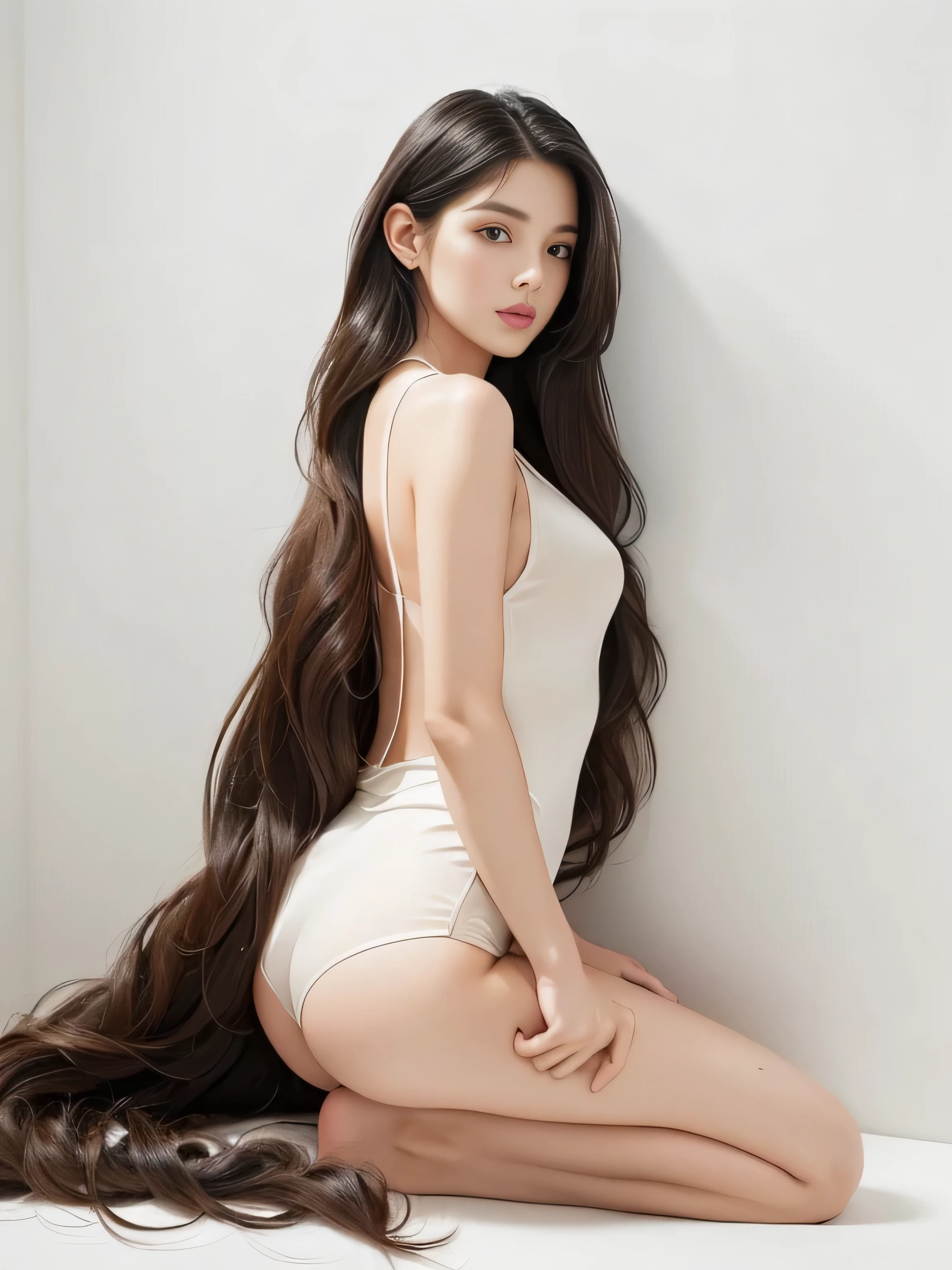 (Upper Body Shot:1.1) (She does random sway back stance in front of a white wall:1.4) ((highest quality)), ((masterpiece)), (Familiar), (Get used to it) (Her hair is incredibly wavy:1.5) (Very long hair down to the ankles!!!!! highest quality Highest detail Very long hair down to the ankles!!!!! Forever growing hair Flowing hair Amazingly straight hair Very shiny and thick hair Abnormally long hair that lasts forever!!!!! Flowing Hair on both ends!!!!!!!!! Very long hair down to the ankles!!!!! Very long hair down to the ankles!!!!! Thick and shiny hair Very free hair Abnormally long hair!!!!! Beautiful silky hair Beautiful and shiny hair Beautiful and shiny hair Beautiful silky hair Very long hair down to the ankles!!!!! Very Abnormally Long Hair!!!!! Very Abnormally Long Hair!!!!!) (highest quality The best ultra-fine Very long hair down to the ankles!!!!! highest quality Highest detail Very long hair down to the ankles!!!!! Forever growing hair Flowing hair Amazingly straight hair Very shiny and thick hair Abnormally long hair that lasts forever!!!!! Flowing Hair on both ends!!!!!!!!! Very long hair down to the ankles!!!!! Very long hair down to the ankles!!!!! Thick and shiny hair Very free hair Abnormally long hair!!!!! Beautiful silky hair Beautiful and shiny hair Beautiful and shiny hair Beautiful silky hair Very long hair down to the ankles!!!!! Very Abnormally Long Hair!!!!! Very Abnormally Long Hair!!!!!) (Her hair color is dark brown) Perfect Woman'face (She has a typical Japanese build and skin color..., Her skin is very high quality and ultra high definition.、very beautiful and glowing skin) (Her face is dignified and sexy)(She achieved her sexy look with the help of a professional makeup artist.。... Lipstick is natural red The eyeliner is a beautiful black) (She's wearing shiny white lingerie) ((Her bangs are completely cut off.)) (She has a typical Japanese build and skin color Her skin is very delicate and sensitive..、and、Such beautiful and radiant skin) (Her face is long, Small eyes and nose.、Narrow-mouthed and the most beautiful)