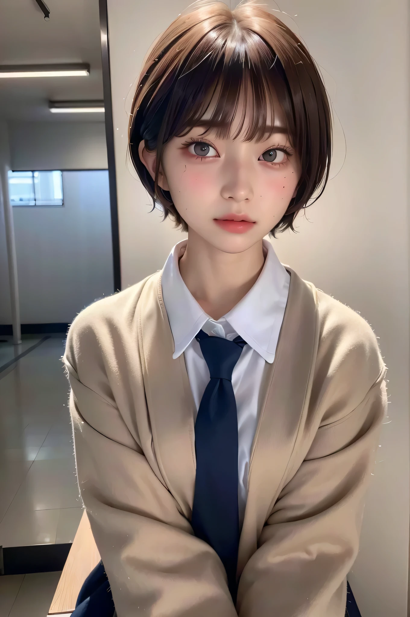 (highest quality:1.3)、(Masterpiece:1.4)、Raw photo、8K、((Best image quality))、 ((High resolution))、Beautiful face in every detail、Realistic human skin、Gentle expression、(One Woman:1.3)、Realistic、Photorealistic、short hair、(Beautiful woman)、((Cool Japan girl))、(boyish:1.3)、mannish、((Beautiful woman))、(Beautiful Hair)、((Dark brown hair))、(Blushing:1.5)、(Fashion Model:1.4)、((Every woman admires her face))、((Her eyes are big))、20 year old beauty、(Small face)、Small Head、((Long neck))、(High school girls)、uniform、(Japanese high school uniform)、(High school girlsのuniform)、White button-up shirt、tie、(The aspirations of young people)、((The center of attention in school))、everyone will love her、