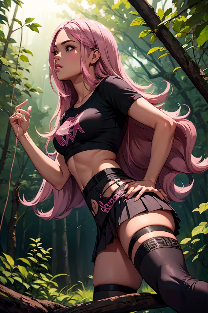 ((Black pink pink)), small white t-shirt, Little blue pleated skirt, pink panties, black high heels, close-up from hips to face, shot from below, very light skin, Very long hair, Wavy hair, Camping, the forest, Photorealistic, indirect lighting, volumetric light, ray tracing, super detailed, Best quality, Very high resolution, HDR, 8K