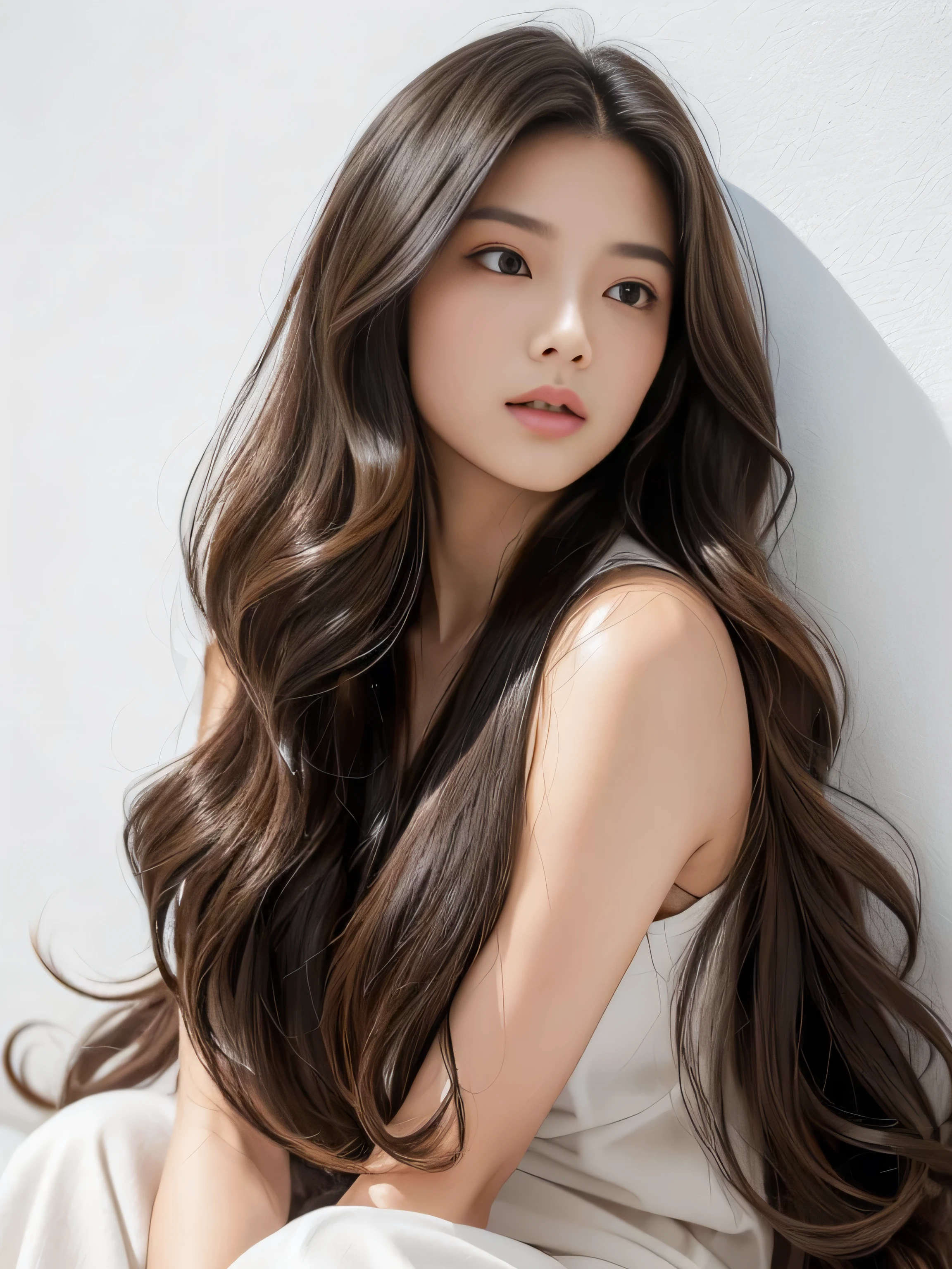 　(Upper Body Shot:1.1)　(She is slouching randomly in front of a white wall.:1.4)　((highest quality)), ((masterpiece)), (Familiar), (Get used to it)　(Her hair is incredibly wavy:1.5)　(Very long hair down to the ankles!!!!!　highest quality　Highest detail　Very long hair down to the ankles!!!!! Forever growing hair　Flowing hair　Amazingly straight hair　Very shiny and thick hair　Abnormally long hair that lasts forever!!!!!　Flowing Hair on both ends!!!!!!!!!　Very long hair down to the ankles!!!!!　Very long hair down to the ankles!!!!!　Thick and shiny hair　Very free hair　Abnormally long hair!!!!!　Beautiful silky hair　Beautiful and shiny hair　Beautiful and shiny hair　Beautiful silky hair　Very long hair down to the ankles!!!!!　Very Abnormally Long Hair!!!!!　Very Abnormally Long Hair!!!!!)　(highest quality　The best ultra-fine　Very long hair down to the ankles!!!!!　highest quality　Highest detail　Very long hair down to the ankles!!!!! Forever growing hair　Flowing hair　Amazingly straight hair　Very shiny and thick hair　Abnormally long hair that lasts forever!!!!!　Flowing Hair on both ends!!!!!!!!!　Very long hair down to the ankles!!!!!　Very long hair down to the ankles!!!!!　Thick and shiny hair　Very free hair　Abnormally long hair!!!!!　Beautiful silky hair　Beautiful and shiny hair　Beautiful and shiny hair　Beautiful silky hair　Very long hair down to the ankles!!!!!　Very Abnormally Long Hair!!!!!　Very Abnormally Long Hair!!!!!)　(Her hair color is dark brown)　Perfect Woman&#39;face　(She has a typical Japanese build and skin color..., Her skin is very high quality and ultra high definition.、very beautiful and glowing skin)　(Her face is dignified and sexy)（She achieved her sexy look with the help of a professional makeup artist.。...　Lipstick is natural red　The eyeliner is a beautiful black)　(She&#39;s wearing shiny white lingerie)　((Her bangs are completely cut off.))　(She has a typical Japanese build and skin color　Her skin is very delicate and sensitive..、and、Such beautiful and radiant skin)　(Her face is long, Small eyes and nose.、Narrow-mouthed　and the most beautiful)　(She is Japanese Solo Photo&#39;The most beautiful 28-year-old hair model)　(Large Breasts:1.4)　((Rich 1.4))　(Extremely detailed 8K)　(Ultra-fine skin texture 1.4)　(Actual, Vibrant:1.4), 　Sharp focus:1.2、Beautiful woman:1.4　Dynamic Lighting　(Genuine RAW photos taken by professional photographers)　very beautiful and glowing skin)　(Her face shape is thinner than average.)　(Surreal photos by professional photographers :1.2)　