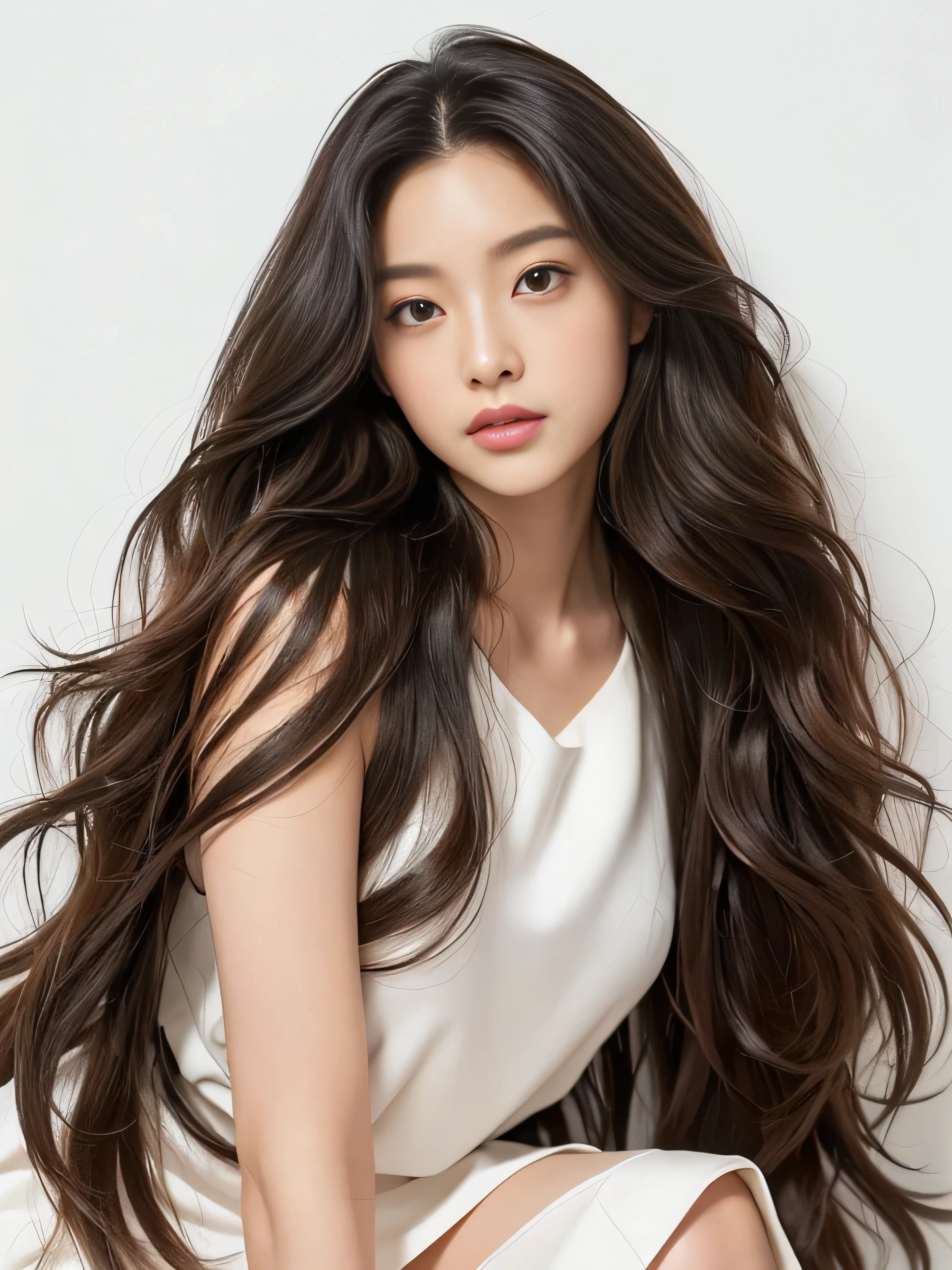 　(Upper Body Shot:1.1)　(She is slouching randomly in front of a white wall.:1.4)　((highest quality)), ((masterpiece)), (Familiar), (Get used to it)　(Her hair is incredibly wavy:1.5)　(Very long hair down to the ankles!!!!!　highest quality　Highest detail　Very long hair down to the ankles!!!!! Forever growing hair　Flowing hair　Amazingly straight hair　Very shiny and thick hair　Abnormally long hair that lasts forever!!!!!　Flowing Hair on both ends!!!!!!!!!　Very long hair down to the ankles!!!!!　Very long hair down to the ankles!!!!!　Thick and shiny hair　Very free hair　Abnormally long hair!!!!!　Beautiful silky hair　Beautiful and shiny hair　Beautiful and shiny hair　Beautiful silky hair　Very long hair down to the ankles!!!!!　Very Abnormally Long Hair!!!!!　Very Abnormally Long Hair!!!!!)　(highest quality　The best ultra-fine　Very long hair down to the ankles!!!!!　highest quality　Highest detail　Very long hair down to the ankles!!!!! Forever growing hair　Flowing hair　Amazingly straight hair　Very shiny and thick hair　Abnormally long hair that lasts forever!!!!!　Flowing Hair on both ends!!!!!!!!!　Very long hair down to the ankles!!!!!　Very long hair down to the ankles!!!!!　Thick and shiny hair　Very free hair　Abnormally long hair!!!!!　Beautiful silky hair　Beautiful and shiny hair　Beautiful and shiny hair　Beautiful silky hair　Very long hair down to the ankles!!!!!　Very Abnormally Long Hair!!!!!　Very Abnormally Long Hair!!!!!)　(Her hair color is dark brown)　Perfect Woman&#39;face　(She has a typical Japanese build and skin color..., Her skin is very high quality and ultra high definition.、very beautiful and glowing skin)　(Her face is dignified and sexy)（She achieved her sexy look with the help of a professional makeup artist.。...　Lipstick is natural red　The eyeliner is a beautiful black)　(She&#39;s wearing shiny white lingerie)　((Her bangs are completely cut off.))　(She has a typical Japanese build and skin color　Her skin is very delicate and sensitive..、and、Such beautiful and radiant skin)　(Her face is long, Small eyes and nose.、Narrow-mouthed　and the most beautiful)　(She is Japanese Solo Photo&#39;The most beautiful 28-year-old hair model)　(Large Breasts:1.4)　((Rich 1.4))　(Extremely detailed 8K)　(Ultra-fine skin texture 1.4)　(Actual, Vibrant:1.4), 　Sharp focus:1.2、Beautiful woman:1.4　Dynamic Lighting　(Genuine RAW photos taken by professional photographers)　very beautiful and glowing skin)　(Her face shape is thinner than average.)　(Surreal photos by professional photographers :1.2)　