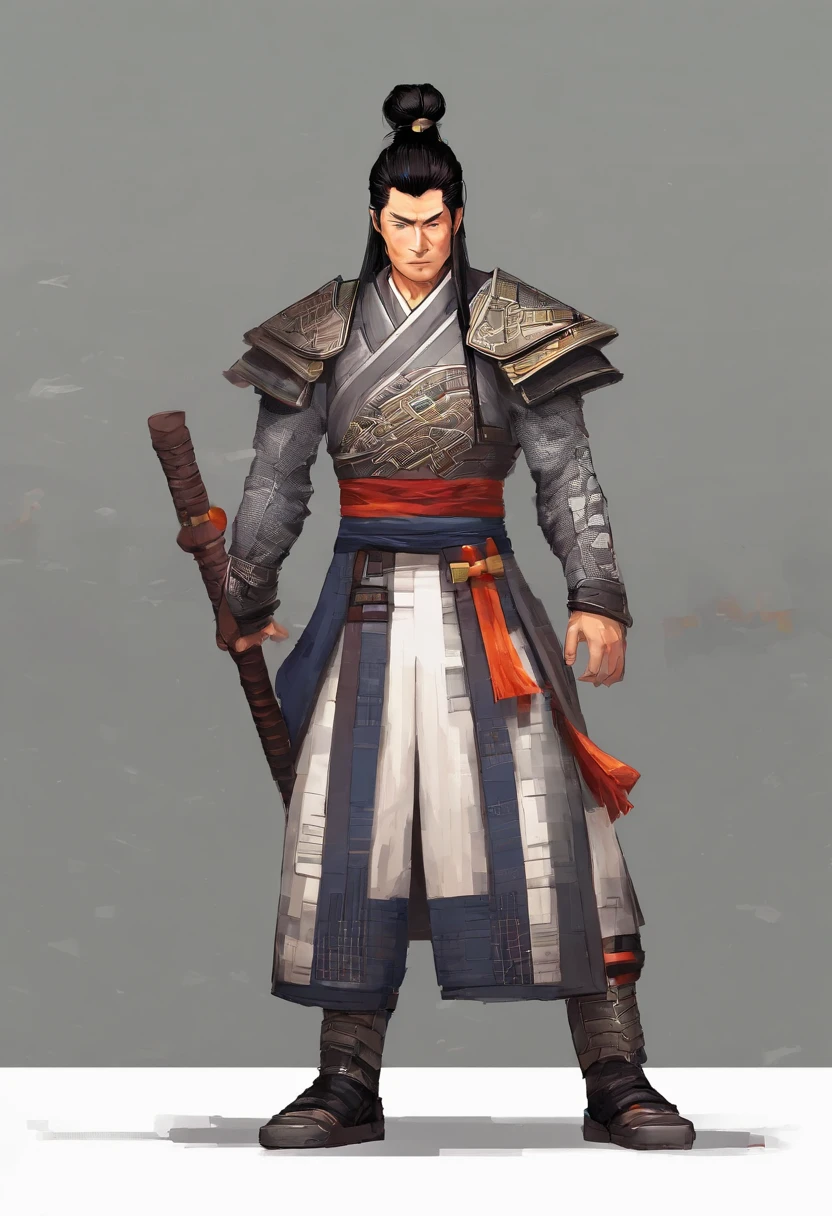 Ancient Chinese man in armor、Clever man、Looking into the camera、His hair is in a bun、Only one topknot、Black Hair、Stand and pose、Pixel art、(masterpiece, highest quality, highest quality), pixel,pixel art,whole body,Characters in Romance of the Three Kingdoms、Transform、Short Deformation、The head is decorated with white embroidery.....、Handsome man in trousers