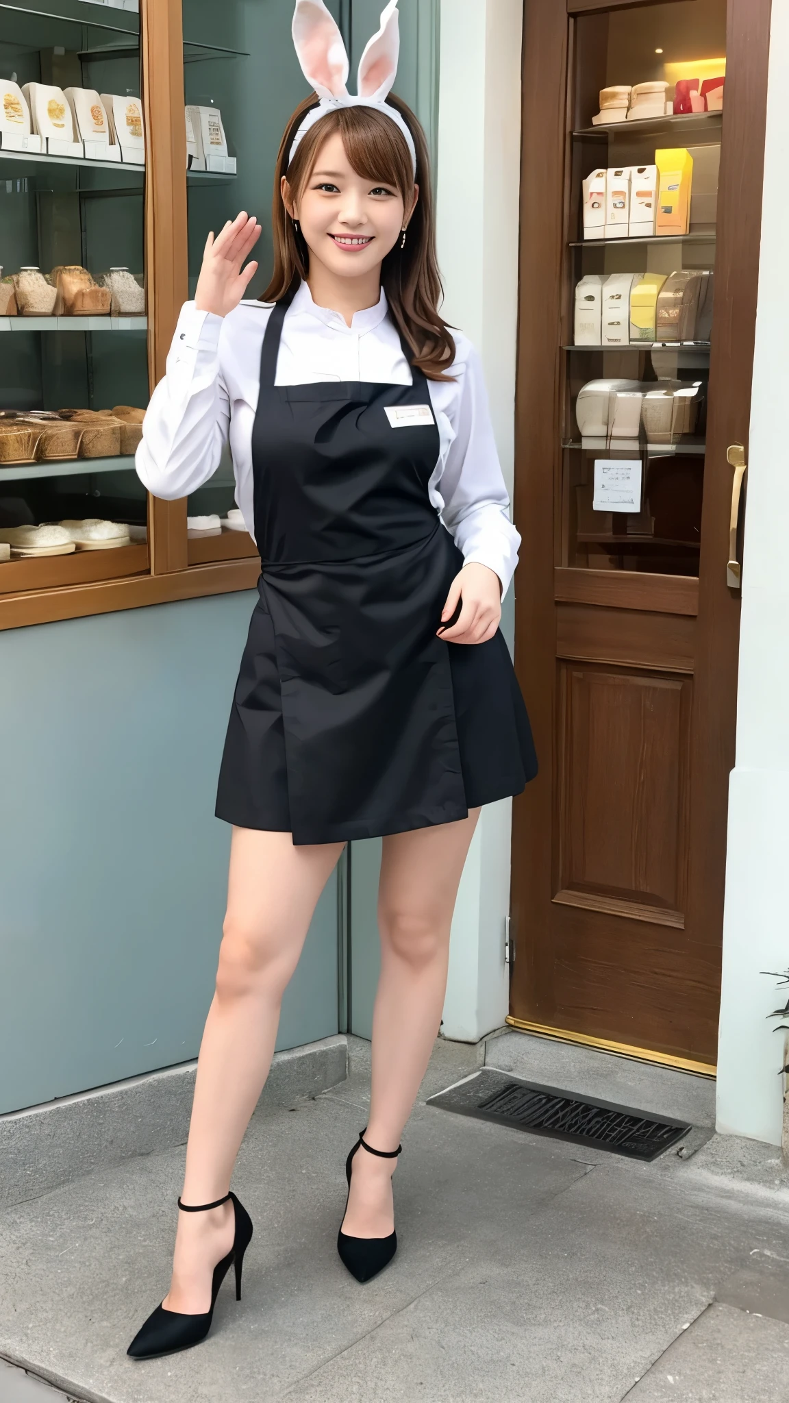 Bunny girl working at maid cafe:1.5，The best smile:1.5，Full Body Shot:1.5，Gray background:1.5，Wearing black high heels:1.5，Stand up straight and salute:1.5