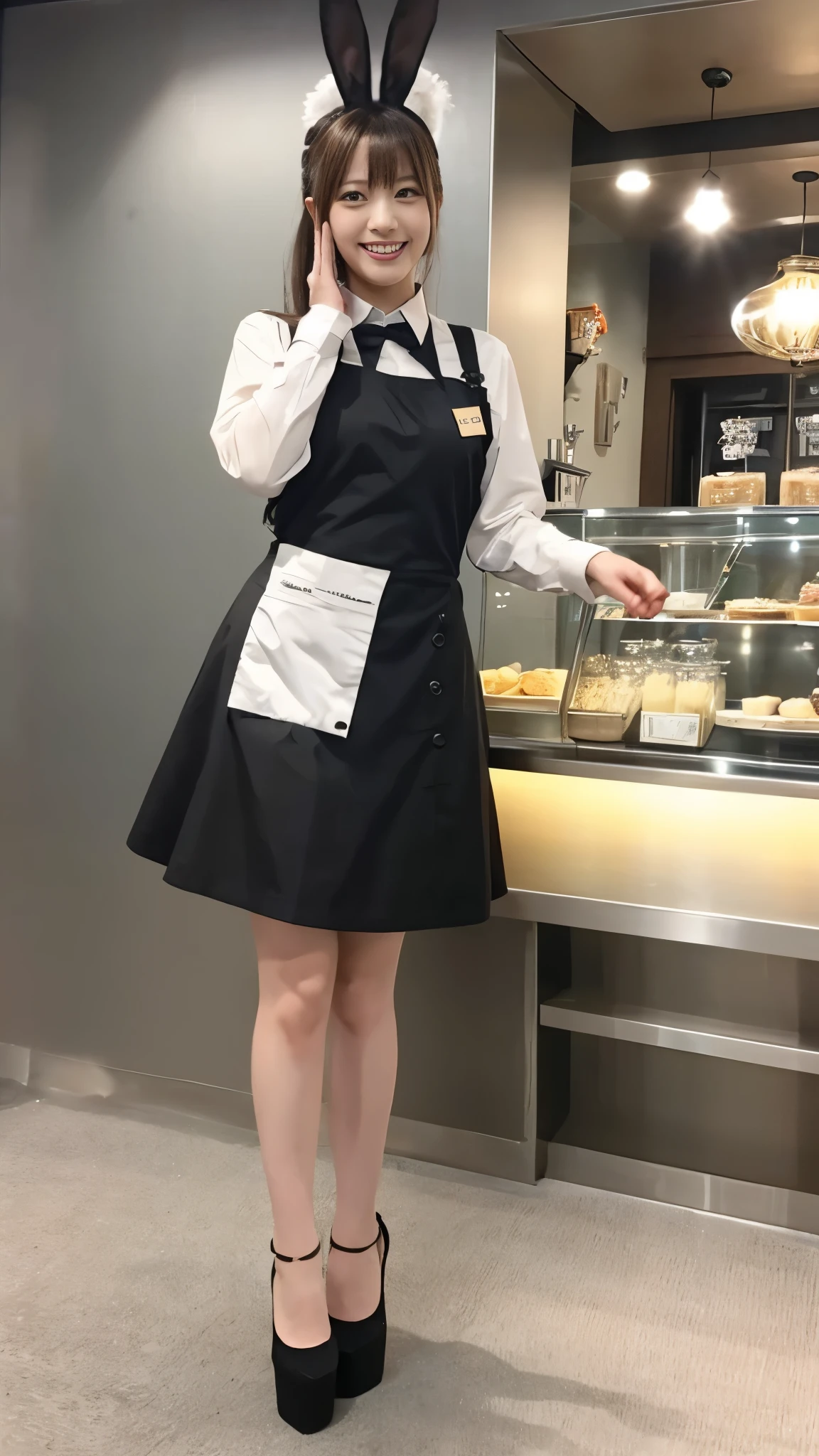 Bunny girl working at maid cafe:1.5,The best smile:1.5,Full Body Shot:1.5,Gray background:1.5,Wearing black high heels:1.5,Stand up straight and salute:1.5