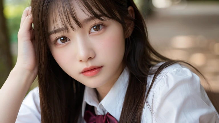 (Long Hair, bangs:1.2),(Wearing school uniform:1.2),1 girl,Japanese,21 years old,(Small breasts:1.3),(highest quality,masterpiece:1.3,超A high resolution,),(Ultra-detailed,Caustics),(Photorealistic:1.4,RAW shooting,)Ultra-Realistic Capture,Very detailed,High resolution 16K human skin close-up。 Natural skin texture、,Pores、、It needs to be detailed enough to be easily identifiable。 Skin should be even-toned and healthy looking。 Use natural light and colour, Sad expression, Looking at the camera, Perfect dynamic composition, Outdoor