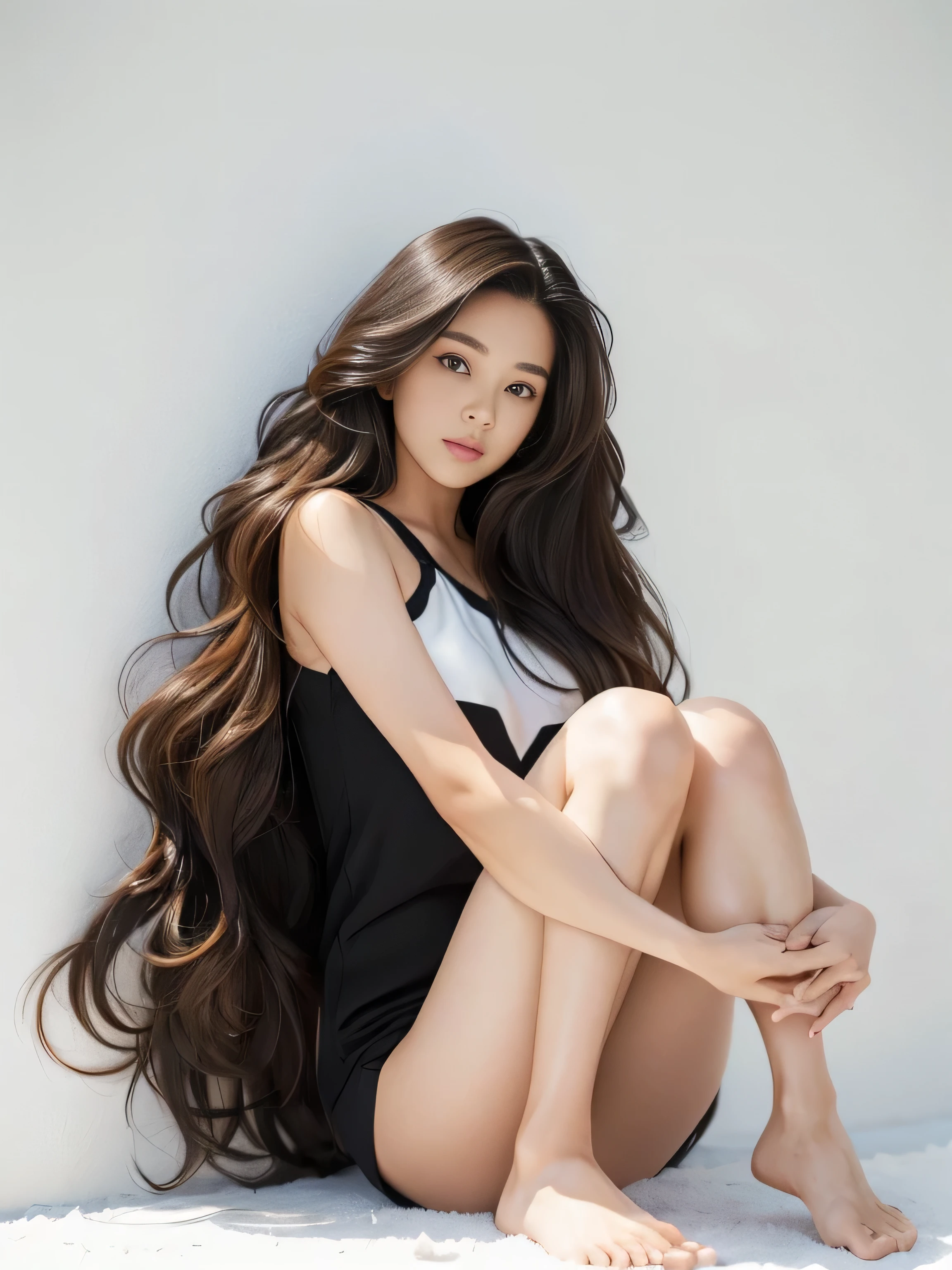 　(Upper Body Shot:1.1)　(She does random sway back stance in front of a white wall:1.4)　((highest quality)), ((masterpiece)), (Familiar), (Get used to it)　(Her hair is incredibly wavy:1.5)　(Very long hair down to the ankles!!!!!　highest quality　Highest detail　Very long hair down to the ankles!!!!! Forever growing hair　Flowing hair　Amazingly straight hair　Very shiny and thick hair　Abnormally long hair that lasts forever!!!!!　Flowing Hair on both ends!!!!!!!!!　Very long hair down to the ankles!!!!!　Very long hair down to the ankles!!!!!　Thick and shiny hair　Very free hair　Abnormally long hair!!!!!　Beautiful silky hair　Beautiful and shiny hair　Beautiful and shiny hair　Beautiful silky hair　Very long hair down to the ankles!!!!!　Very Abnormally Long Hair!!!!!　Very Abnormally Long Hair!!!!!)　(highest quality　The best ultra-fine　Very long hair down to the ankles!!!!!　highest quality　Highest detail　Very long hair down to the ankles!!!!! Forever growing hair　Flowing hair　Amazingly straight hair　Very shiny and thick hair　Abnormally long hair that lasts forever!!!!!　Flowing Hair on both ends!!!!!!!!!　Very long hair down to the ankles!!!!!　Very long hair down to the ankles!!!!!　Thick and shiny hair　Very free hair　Abnormally long hair!!!!!　Beautiful silky hair　Beautiful and shiny hair　Beautiful and shiny hair　Beautiful silky hair　Very long hair down to the ankles!!!!!　Very Abnormally Long Hair!!!!!　Very Abnormally Long Hair!!!!!)　(Her hair color is dark brown)　Perfect Woman&#39;face　(She has a typical Japanese build and skin color..., Her skin is very high quality and ultra high definition.、very beautiful and glowing skin)　(Her face is dignified and sexy)（She achieved her sexy look with the help of a professional makeup artist.。...　Lipstick is natural red　The eyeliner is a beautiful black)　(She&#39;s wearing shiny white lingerie)　((Her bangs are completely cut off.))　(She has a typical Japanese build and skin color　Her skin is very delicate and sensitive..、and、Such beautiful and radiant skin)　(Her face is long, Small eyes and nose.、Narrow-mouthed　and the most beautiful)　(She is Japanese Solo Photo&#39;The most beautiful 28-year-old hair model)　(Large Breasts:1.4)　((Rich 1.4))　(Extremely detailed 8K)　(Ultra-fine skin texture 1.4)　(Actual, Vibrant:1.4), 　Sharp focus:1.2、Beautiful woman:1.4　Dynamic Lighting　(Genuine RAW photos taken by professional photographers)　very beautiful and glowing skin)　(Her face shape is thinner than average.)　(Surreal photos by professional photographers :1.2)　