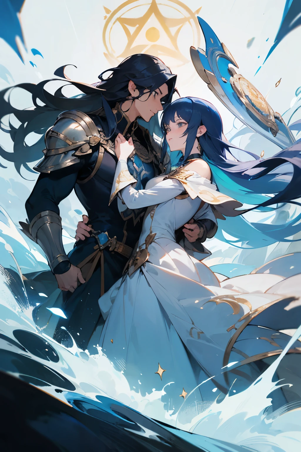 ((best quality)), ((masterpiece)), (detailed), perfect face"Create a cover page for a manhwa featuring a couple in an isekai (alternate world) setting. The couple should be the main characters: a strong, confident male protagonist with a heroic appearance and a beautiful, determined female protagonist with a mystical aura. The male character should have striking features, possibly holding a weapon or artifact, while the female character should have flowing hair and be adorned in elegant, fantasy-inspired attire, possibly with magical elements.
The background should depict a vibrant, fantastical world with elements such as floating islands, ancient castles, and mystical creatures. Include details that hint at adventure and romance, like glowing runes, enchanted forests, or a magical aura surrounding the couple. The overall atmosphere should be dynamic and captivating, drawing readers into the world of the manhwa."