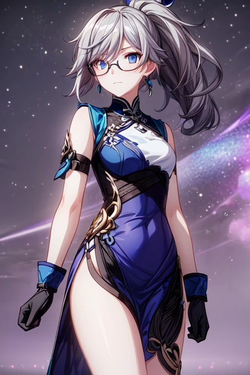 1girl(Fu Hua\Honkai Impact 3rd\, glasses, gray hair, ponytail, blue eyes, blue uniform, gloves)