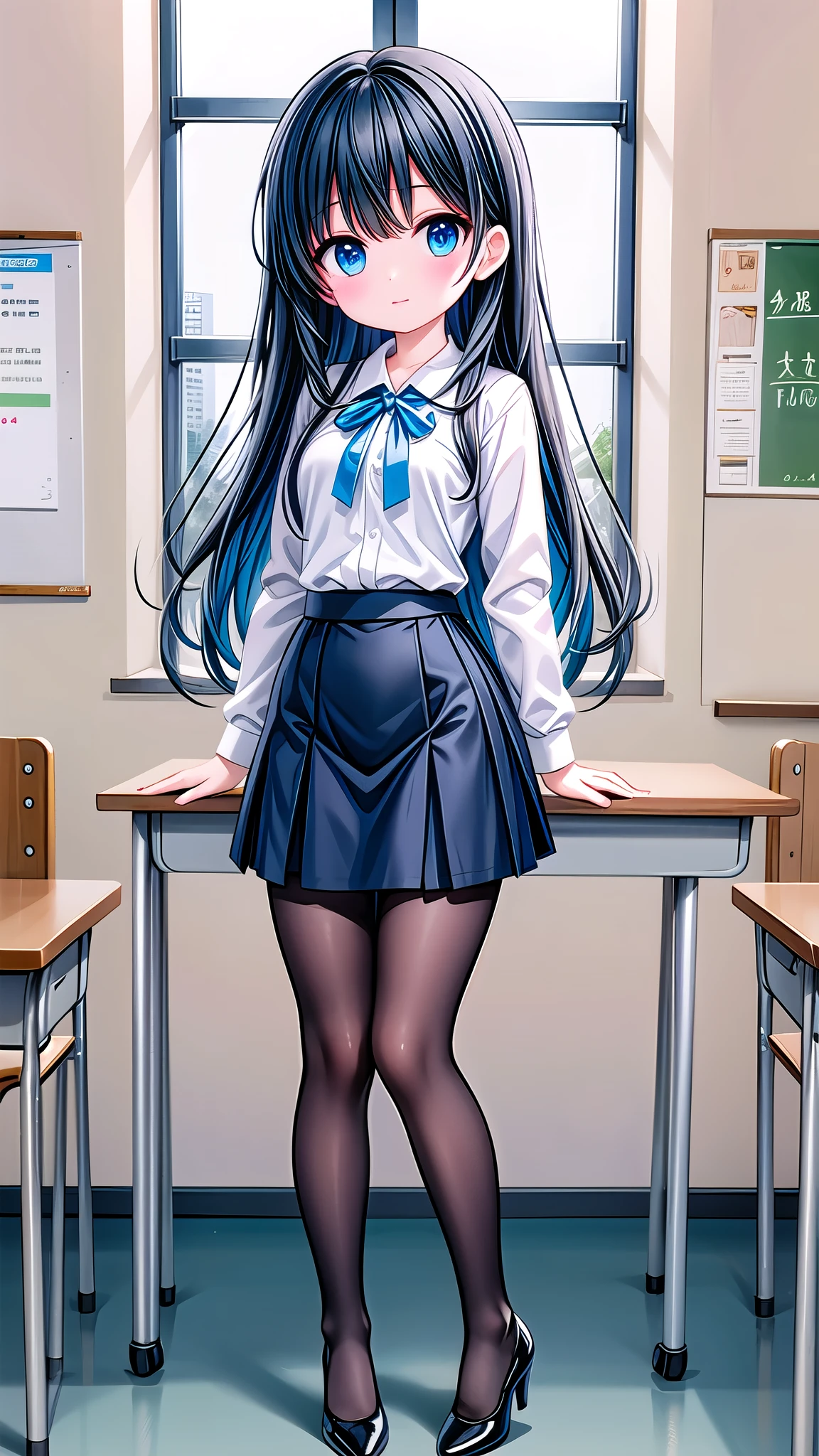 Blue long hair，Eye，White shirt，Dark black hip skirt（1.3），Black pantyhose，Black high heels，teacher，Classroom scene