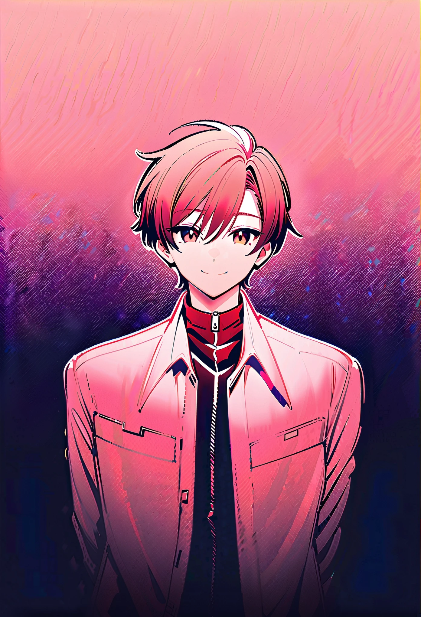 Solitary, View your audience, Smile, a boy, Jacket, monochrome, male&#39;center, Lips slightly open, shine, image, shine eyes, spot color, Boss, shine eye, Red Theme ,Anime type and high detail