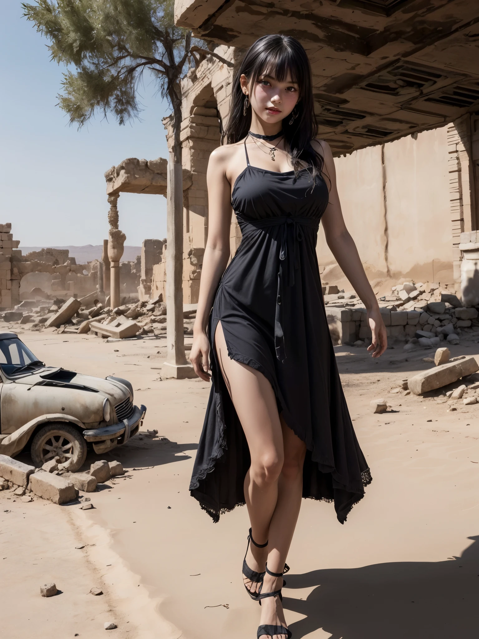 1girl, detailed face, full body, wearing torn-out garb, in ancient ruins, giving the vibe of wise persona, hot weather, sands, hint of desert, dusty atmosphere, black top, let down one side of your bangs, hide one eye, purple pupil, dusty torn black long dress with fur trim, fishnet stocking, purple necklace, high quality, masterpiece, realistic, vivid details, (****, cute:1.3), (breasts:1.2), 