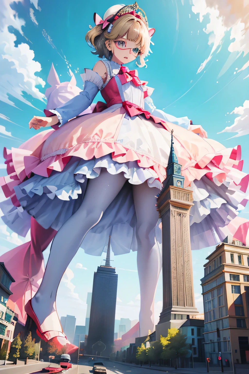 giantess art, highly detailed giantess shots, giantess, Two legs, Five fingers, short hair, super giant princess, A beautiful girl who is bigger than any skyscraper, Wearing rimless glasses, Big Breasts, White gorgeous dress, White Pantyhose, white pantyhose, White stiletto sandals, toes visible through pantyhose, Destroying cities, A very small big city, Miniature metropolis, Full body description, GTS, giga giantess, stomping city, crash city, tiny city, micro city, pantyhose feet, High resolution, highest quality, masterpiece, princess dress, size difference, city in flames, ruins,