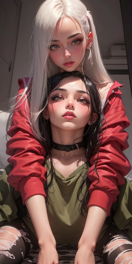 Two Beautiful girl , sexy slim fit body,   black  hair ,  , gorgeous  eyes  , pink rogue lips , blushed cheeks , high texture skin 