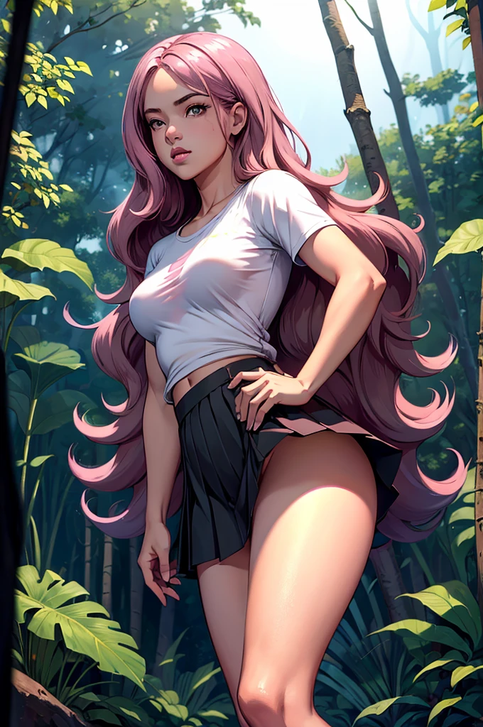 ((Black pink pink)), small white t-shirt, Little blue pleated skirt, we are panties, black high heels, close-up from hips to face, shot from below, very light skin, Very long hair, Wavy hair, Camping, the forest, Photorealistic, indirect lighting, volumetric light, ray tracing, super detailed, Best quality, Very high resolution, HDR, 8K