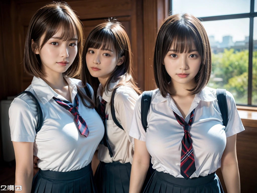(RAW photo, 4k, masterpiece, high resolution, extremely complex) (realistic: 1.4), cinematic lighting
((2 girls, 2 schoolgirls)),Slam Dunk's,blushing,((innocent)),bright eyes,round eyes,blunt bangs,(short bob hair:1.3),black hair,large breasts,wide hips,Summer Noon, ,Hot, (Best Quality), (Highres), (an Extremely Delicate and Beautiful),(Beautiful 8k face),(Brown eyes),( spectators),(gigantic breasts),(Play with each other,Touching each other's bodies,Touching the body),(Japanese high school uniform:1.3),blue skirt,(reality),bright lighting,(The background is a luxury hotel room)